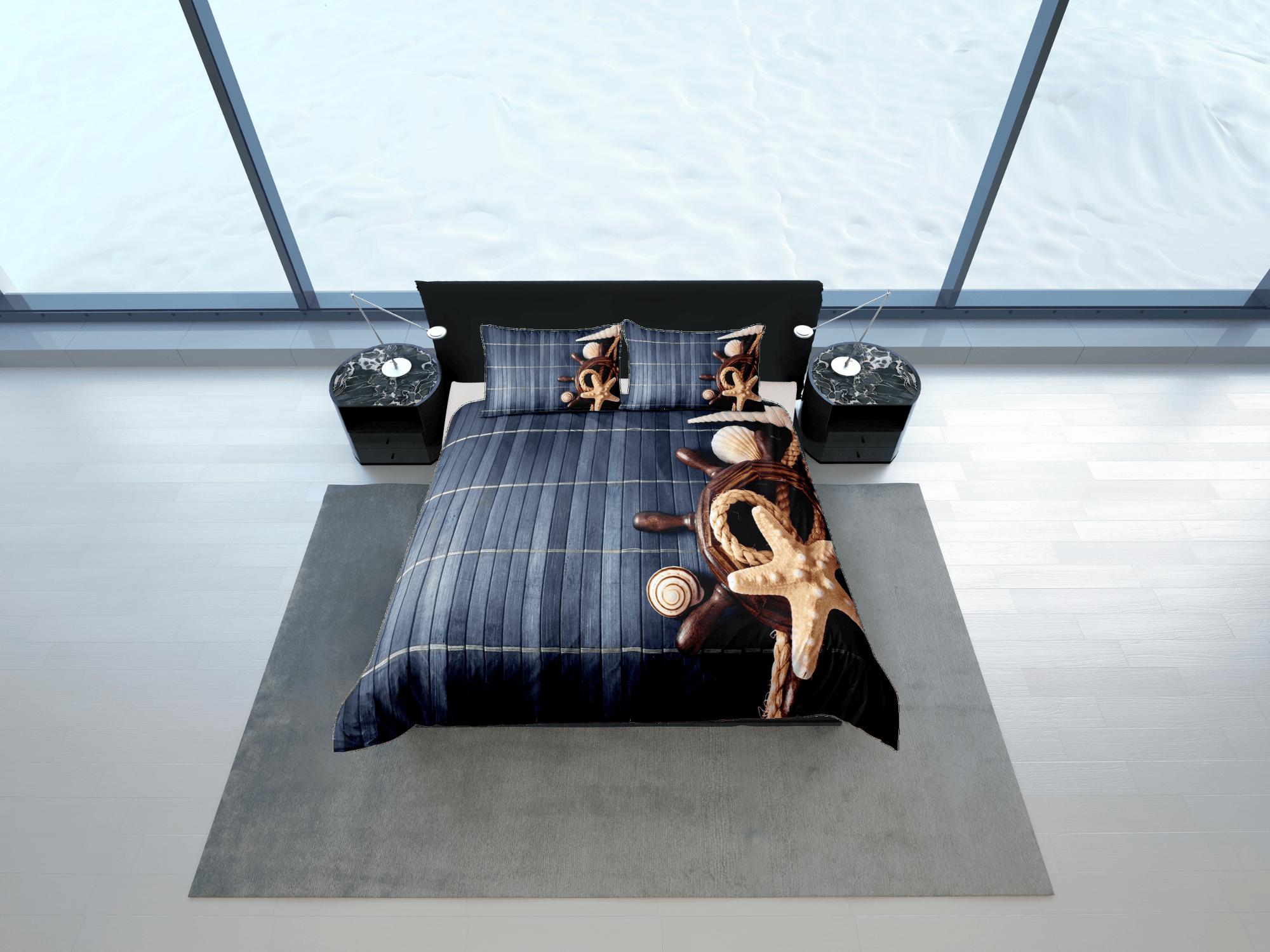 daintyduvet Ship wheel helm starfish wood coastal grandma duvet cover nautical bedding set full queen king, aesthetic beach ocean lover gift seaman