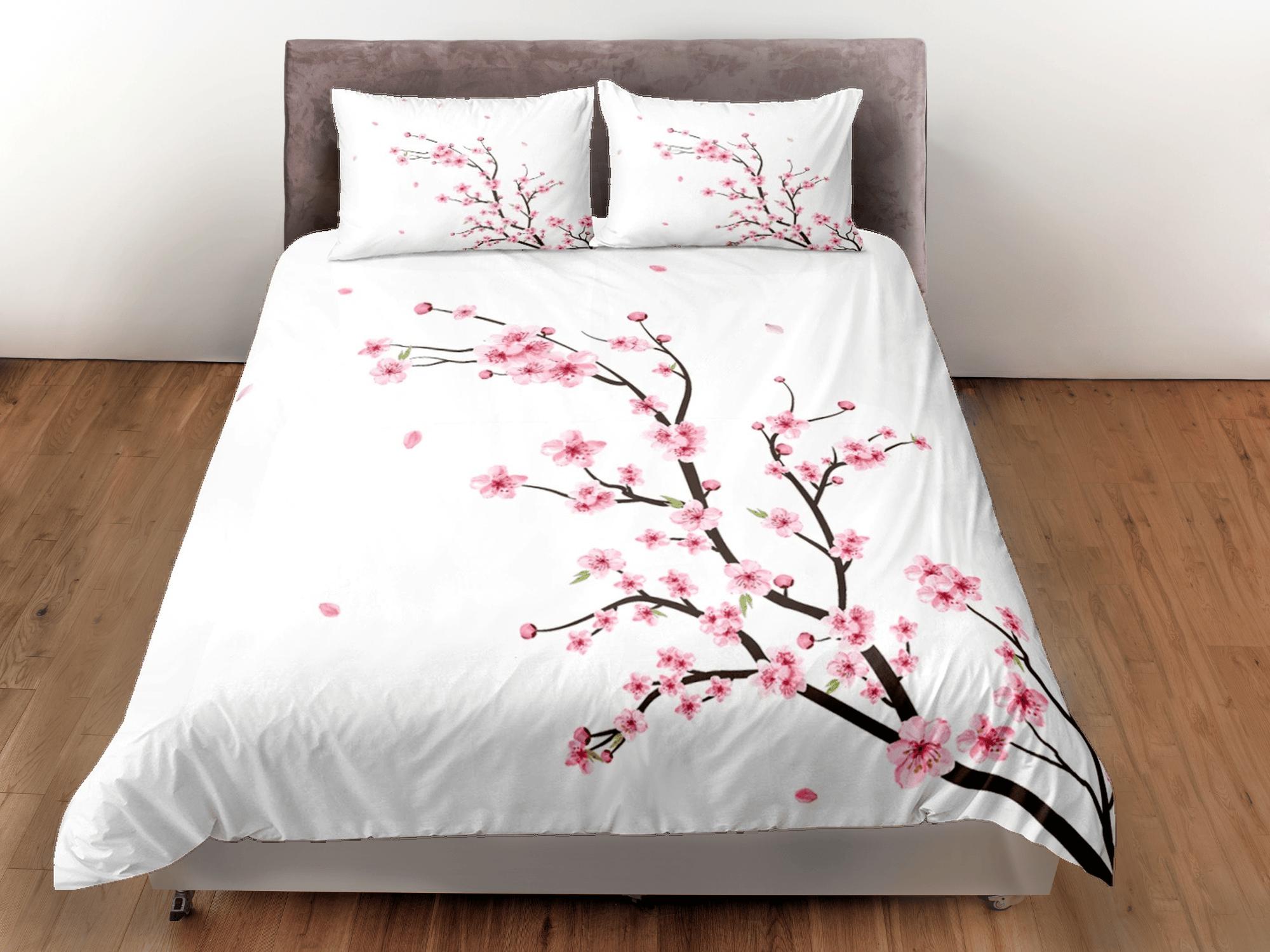 daintyduvet Simple cherry blossom bedding floral prints white duvet cover queen, king, boho bedding designer bedspread full size bedding aesthetic