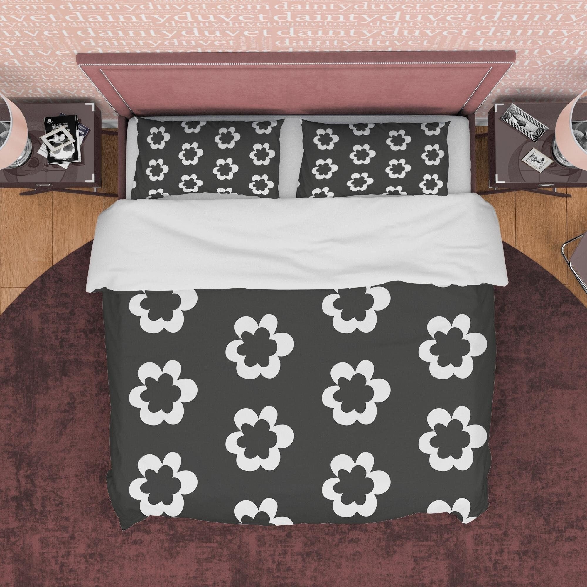 Simple Floral Blanket Cover Black and White Duvet Cover Set, Unique Bedding 90s Nostalgia Quilt Cover, Groovy Bedspread, Retro Quilt Cover