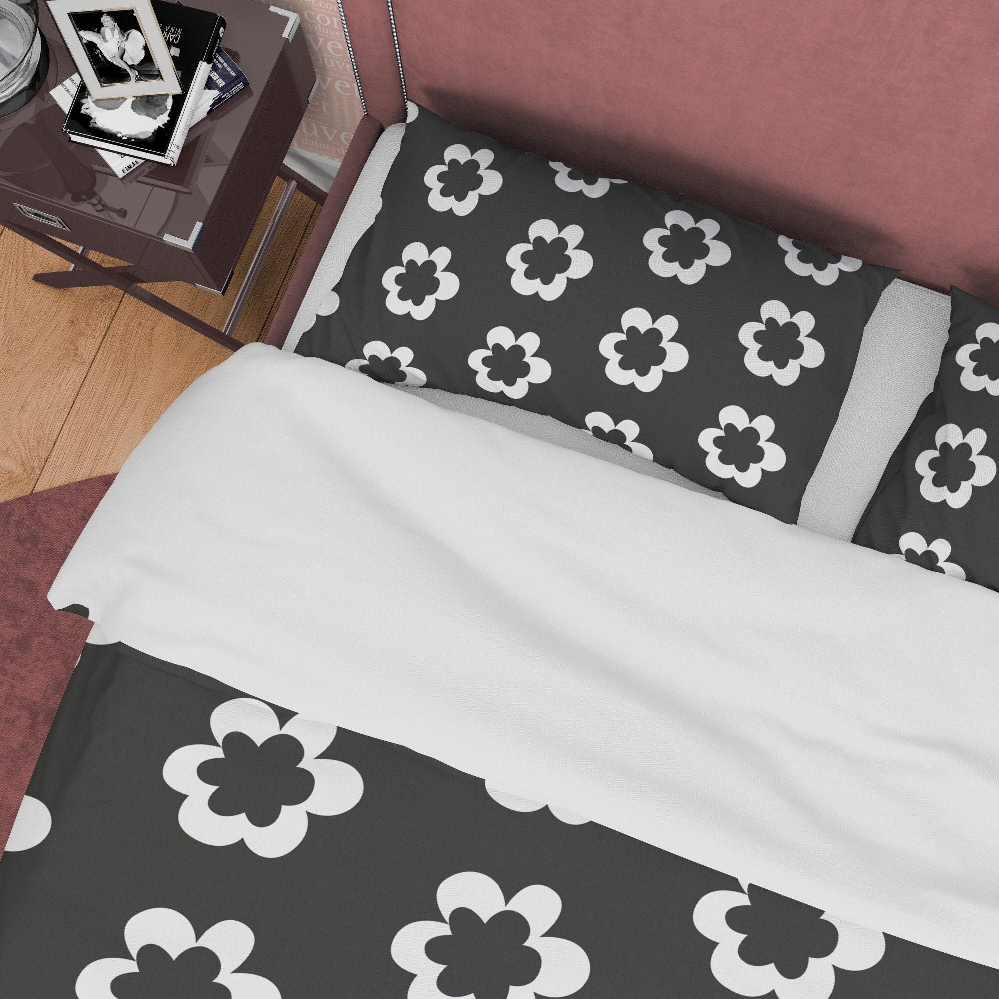 Simple Floral Blanket Cover Black and White Duvet Cover Set, Unique Bedding 90s Nostalgia Quilt Cover, Groovy Bedspread, Retro Quilt Cover