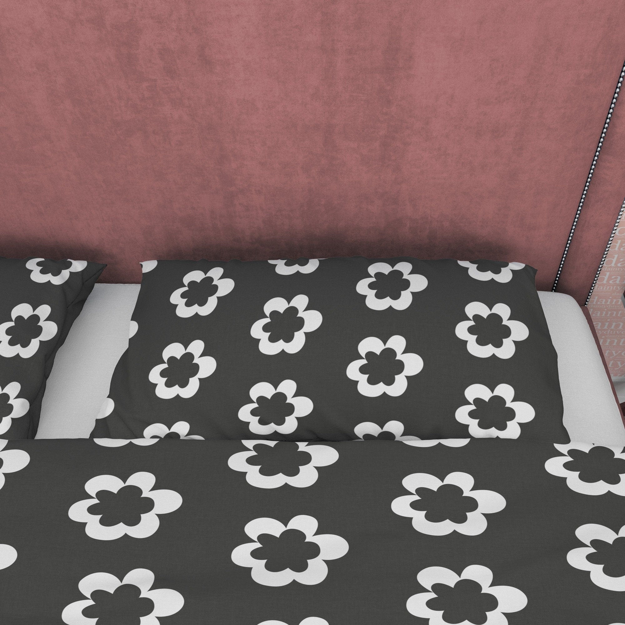 Simple Floral Blanket Cover Black and White Duvet Cover Set, Unique Bedding 90s Nostalgia Quilt Cover, Groovy Bedspread, Retro Quilt Cover