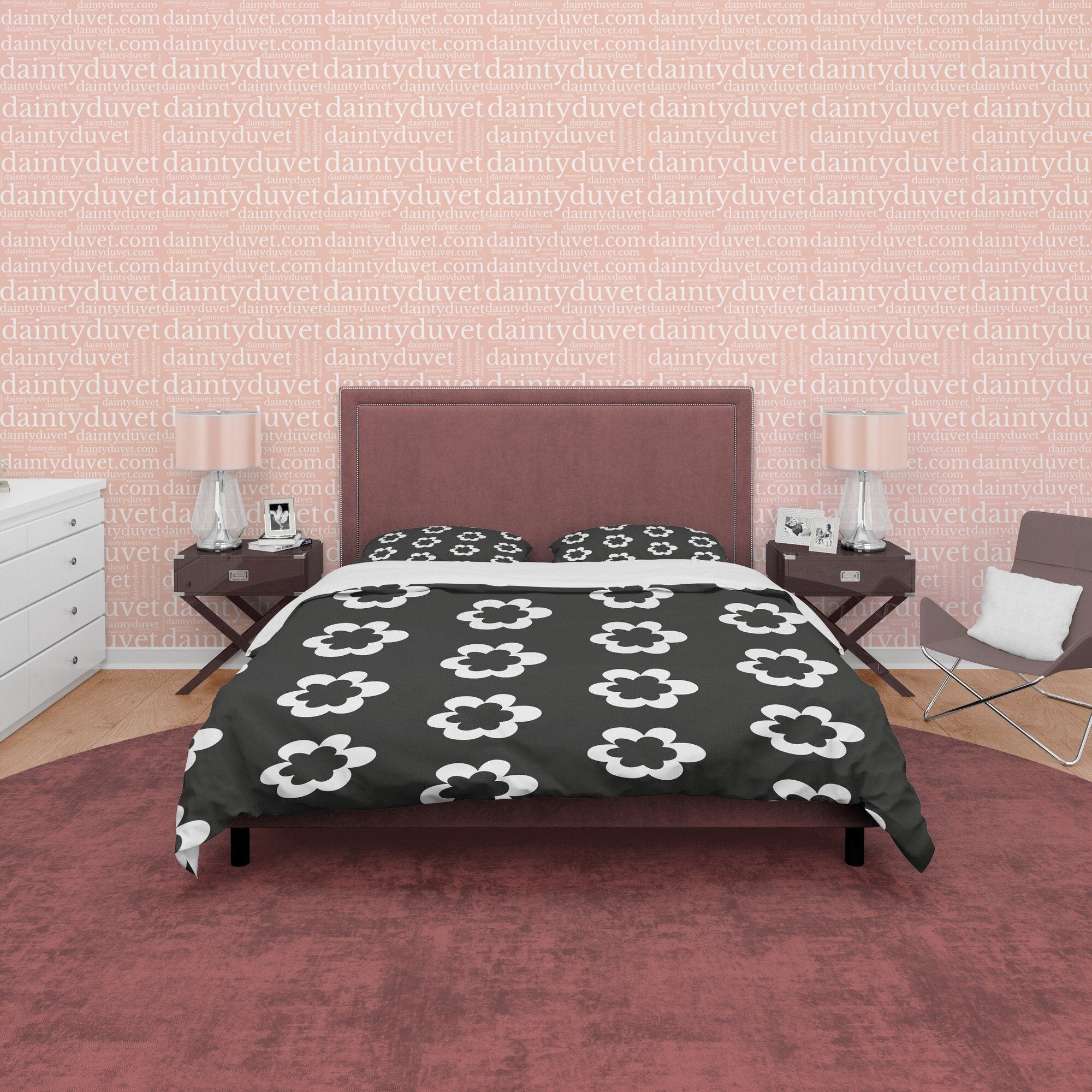 Simple Floral Blanket Cover Black and White Duvet Cover Set, Unique Bedding 90s Nostalgia Quilt Cover, Groovy Bedspread, Retro Quilt Cover