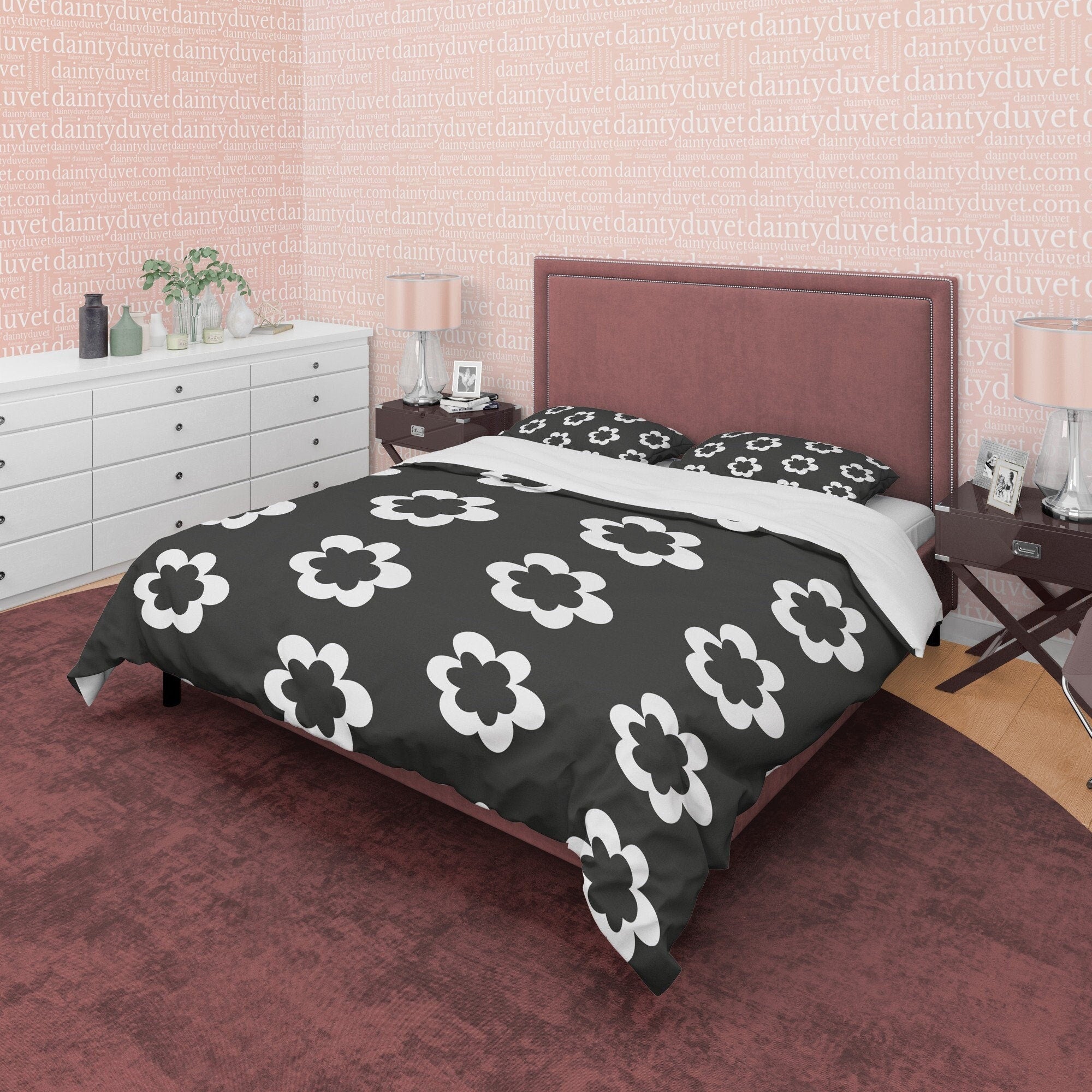 Simple Floral Blanket Cover Black and White Duvet Cover Set, Unique Bedding 90s Nostalgia Quilt Cover, Groovy Bedspread, Retro Quilt Cover