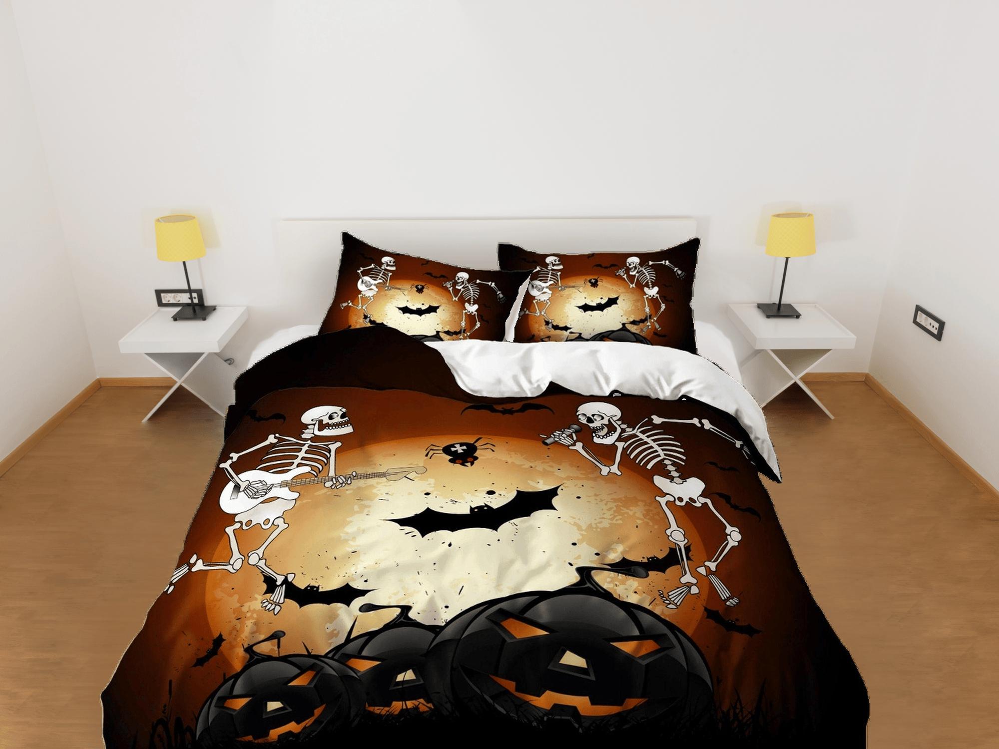 daintyduvet Skeleton and pumpkin halloween bedding & pillowcase, brown duvet cover set dorm bedding, halloween gift, nursery toddler bedding