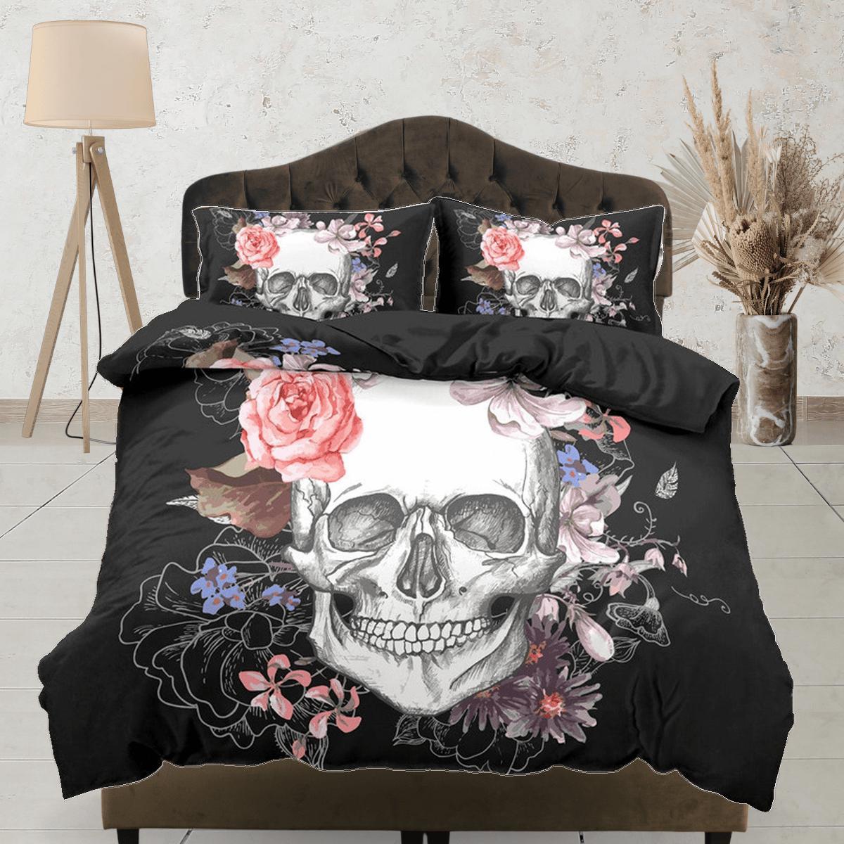 daintyduvet Skull and Roses Black Duvet Cover Set Floral Gothic Bedspread Dorm Bedding Pillowcase Comforter Cover