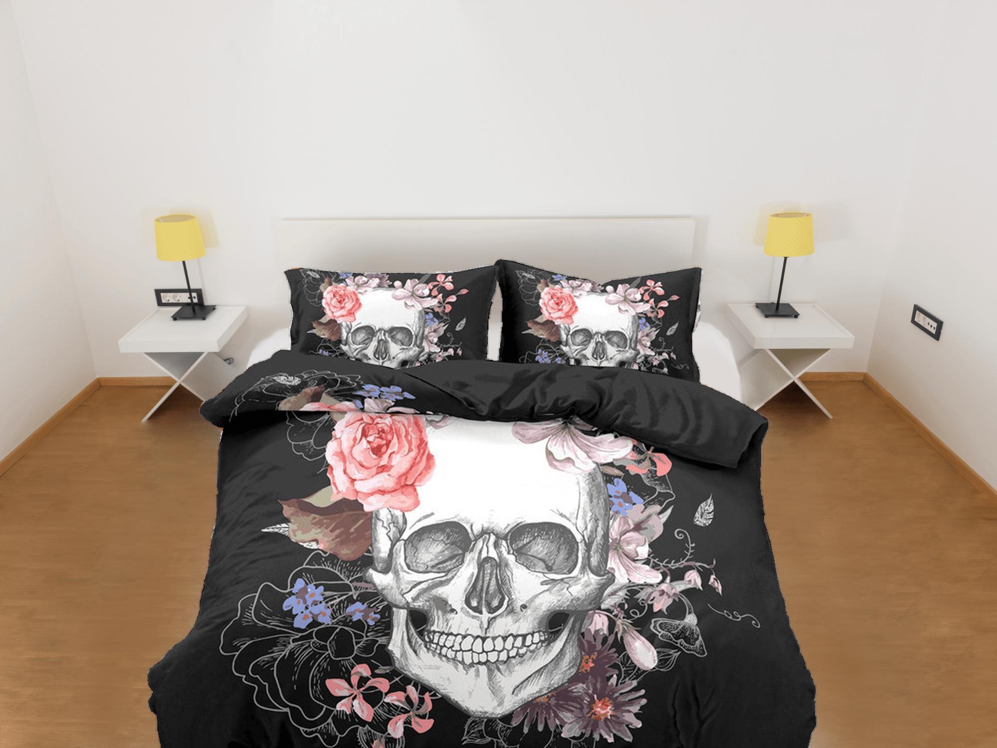 daintyduvet Skull and Roses Black Duvet Cover Set Floral Gothic Bedspread Dorm Bedding Pillowcase Comforter Cover