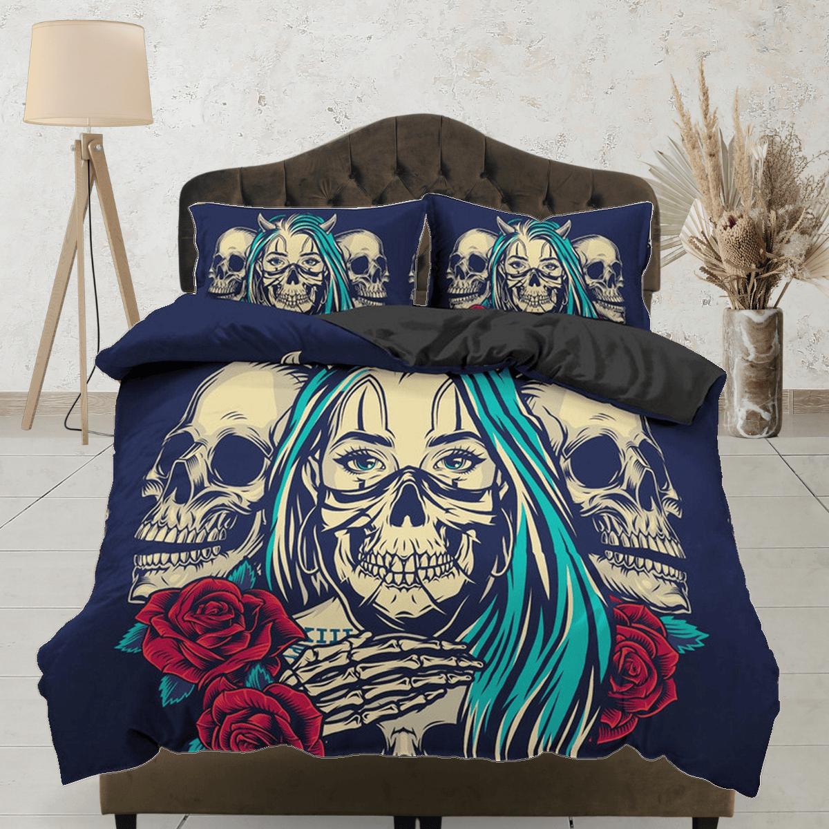 daintyduvet Skull and Roses Black Duvet Cover Set Gangster Bedspread Dorm Bedding Pillowcase Comforter Cover
