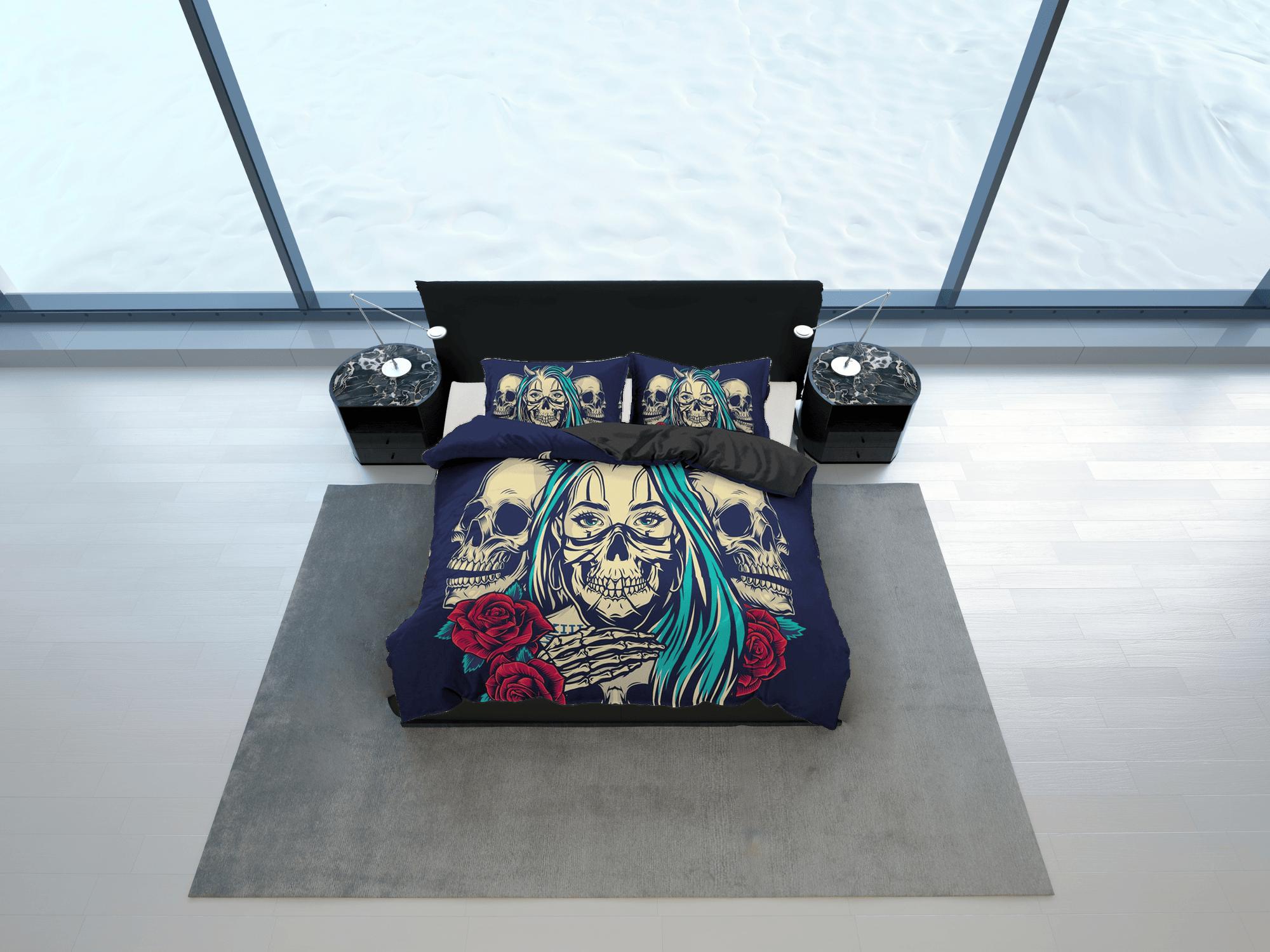 daintyduvet Skull and Roses Black Duvet Cover Set Gangster Bedspread Dorm Bedding Pillowcase Comforter Cover