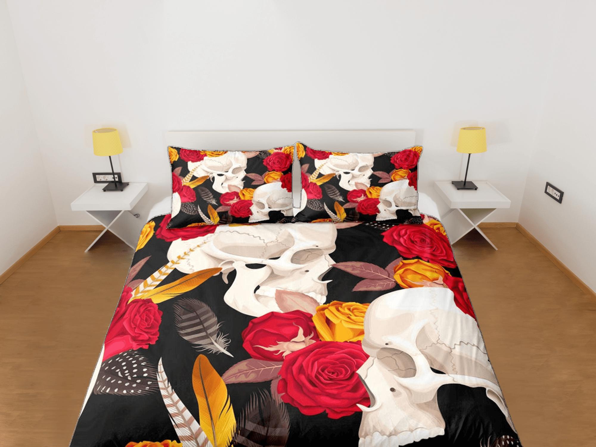 daintyduvet Skull and Roses Black Duvet Cover Set Gothic Bedspread Dorm Bedding with Pillowcase, Comforter Cover