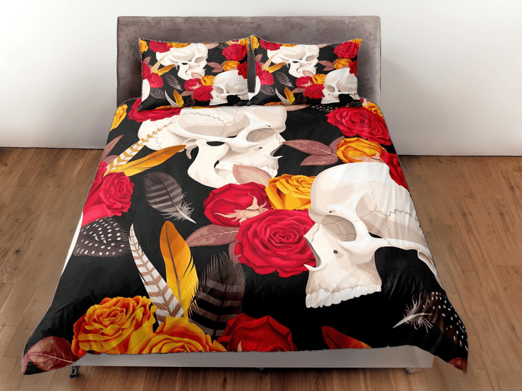 daintyduvet Skull and Roses Black Duvet Cover Set Gothic Bedspread Dorm Bedding with Pillowcase, Comforter Cover