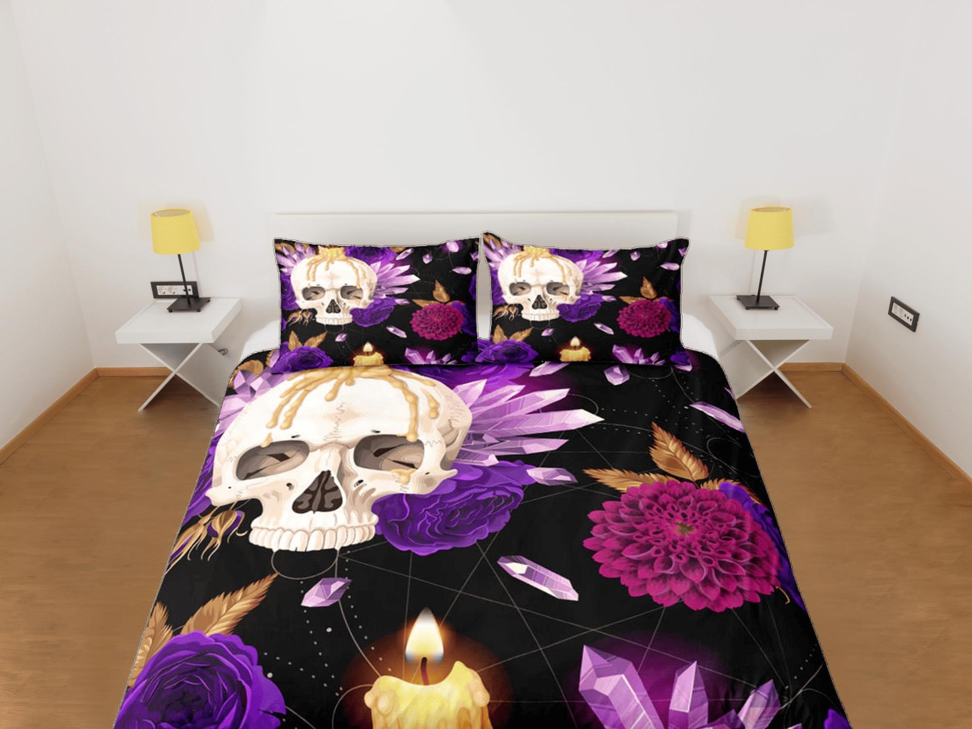 daintyduvet Skull and Roses Black Duvet Cover Set Purple Gothic Bedspread Dorm Bedding Pillowcase Comforter Cover
