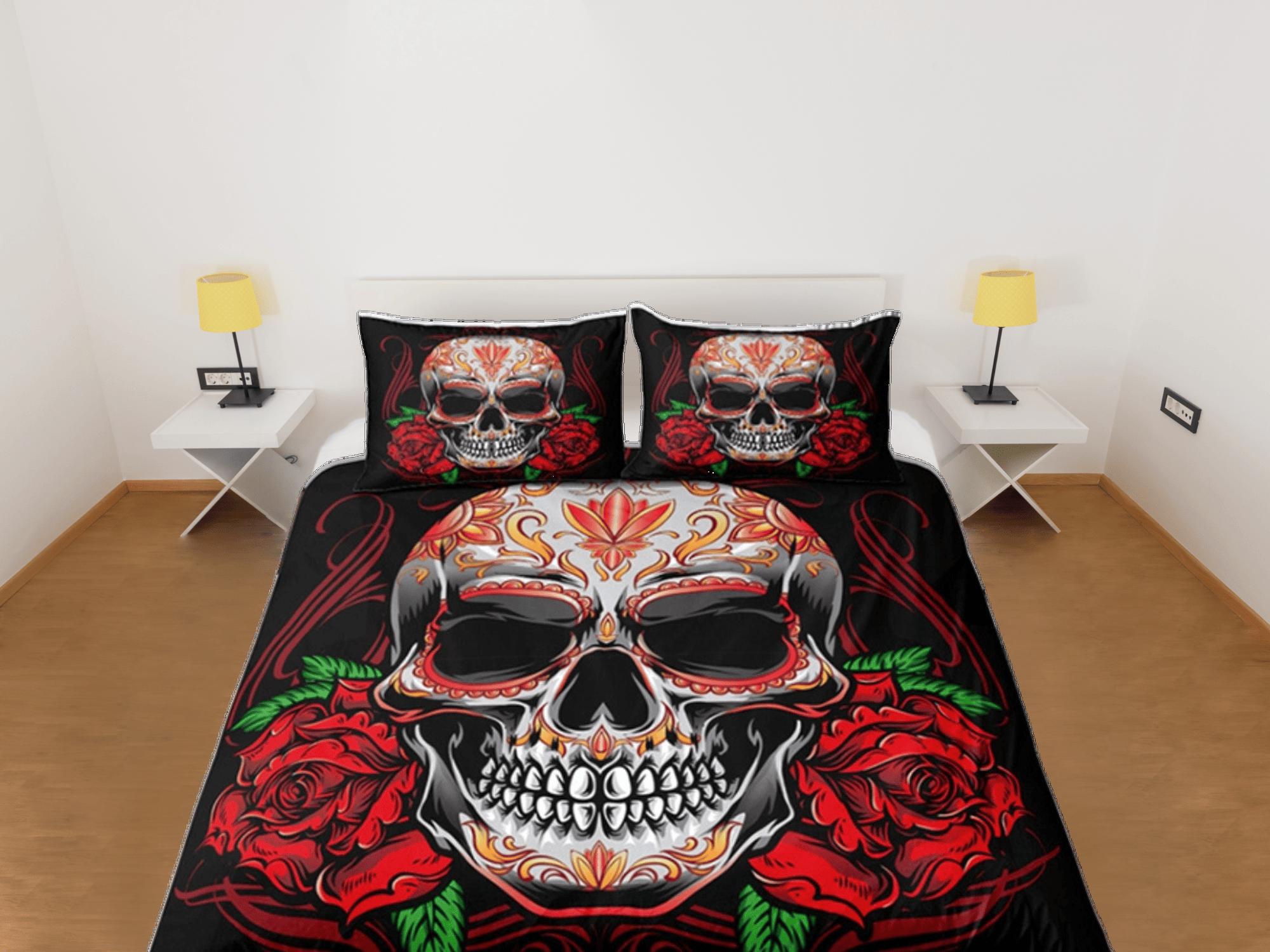 daintyduvet Skull and Roses Gothic Red Duvet Cover Set Bedspread, Dorm Bedding with Pillowcase