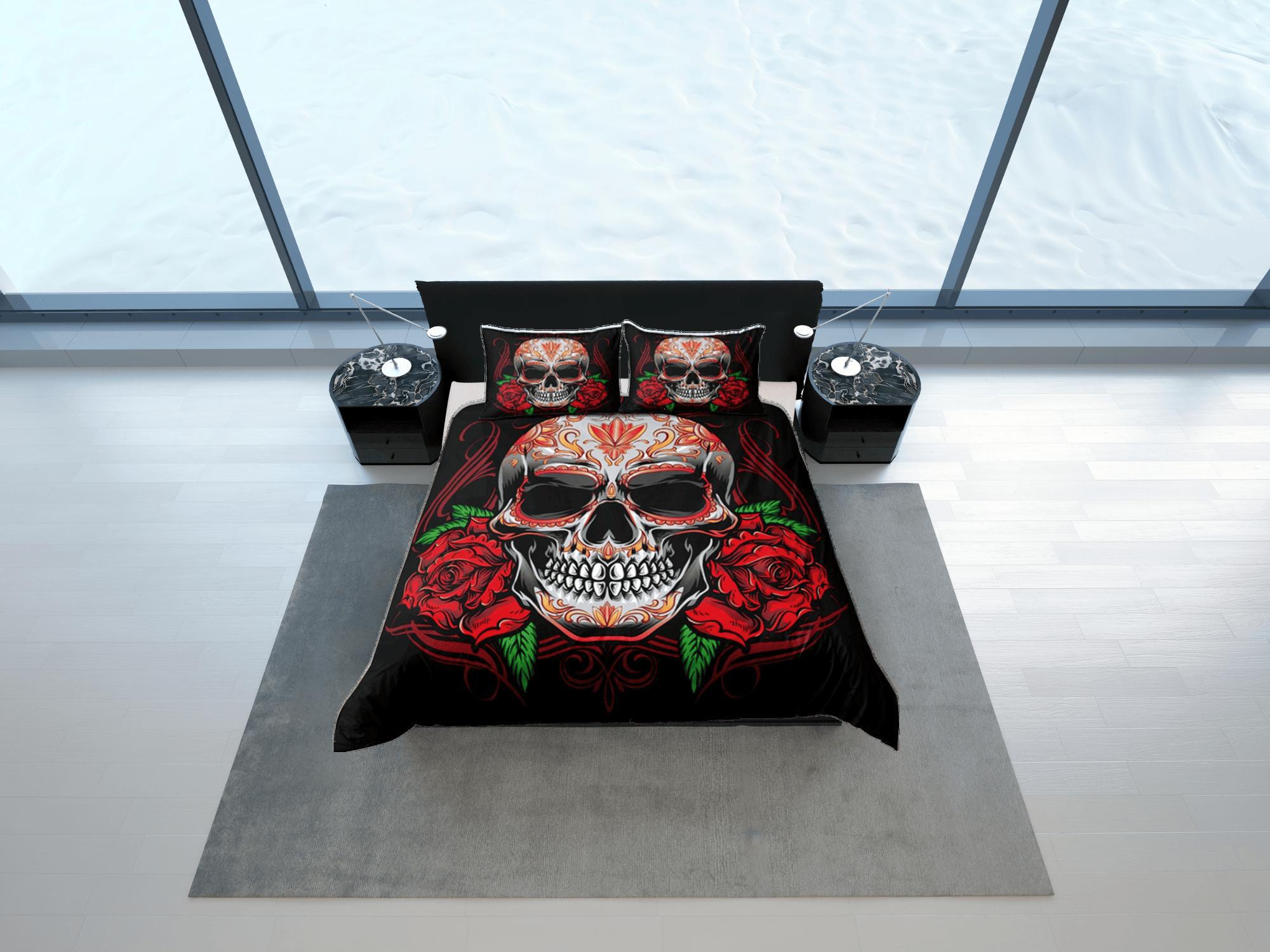 daintyduvet Skull and Roses Gothic Red Duvet Cover Set Bedspread, Dorm Bedding with Pillowcase