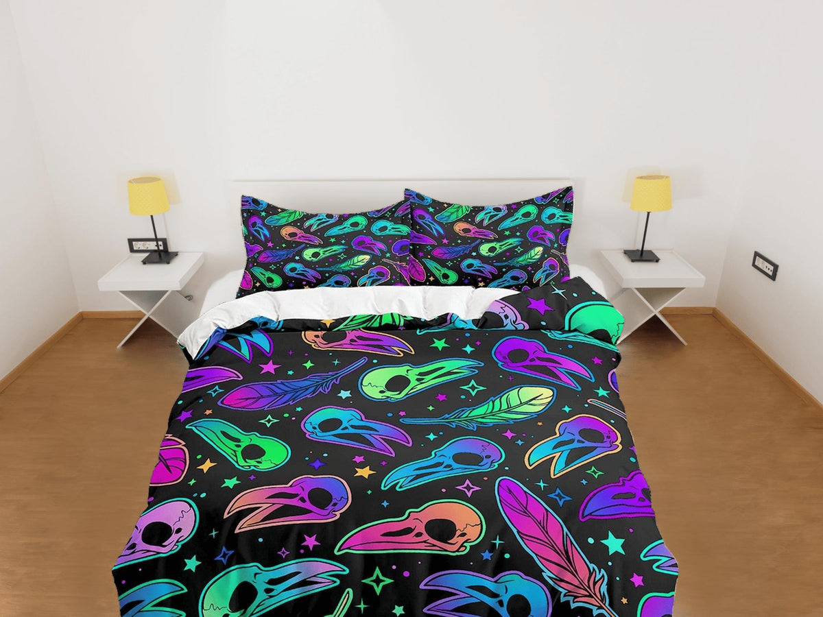 daintyduvet Skull of crow colorful halloween bedding & pillowcase, gothic duvet cover, dorm bedding halloween goth decor toddler bedding, halloween gift