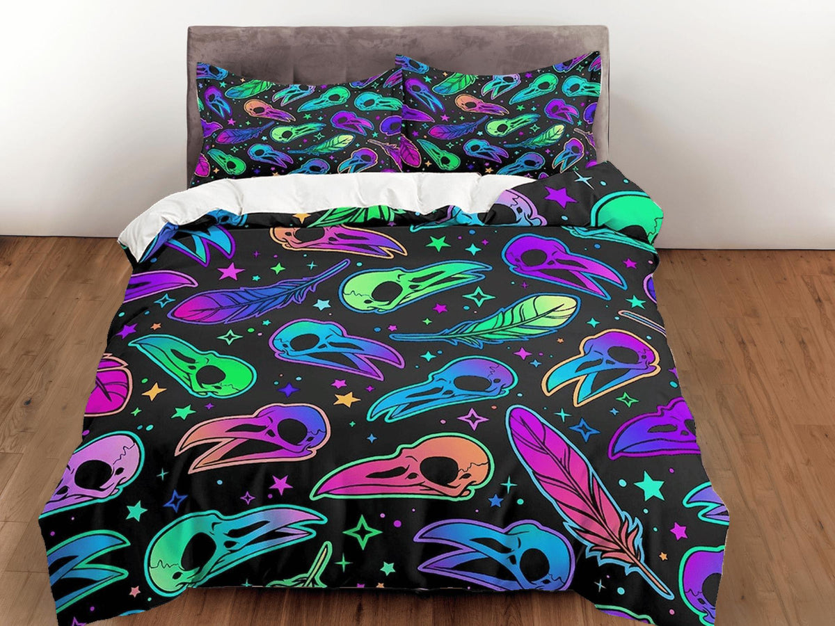 daintyduvet Skull of crow colorful halloween bedding & pillowcase, gothic duvet cover, dorm bedding halloween goth decor toddler bedding, halloween gift