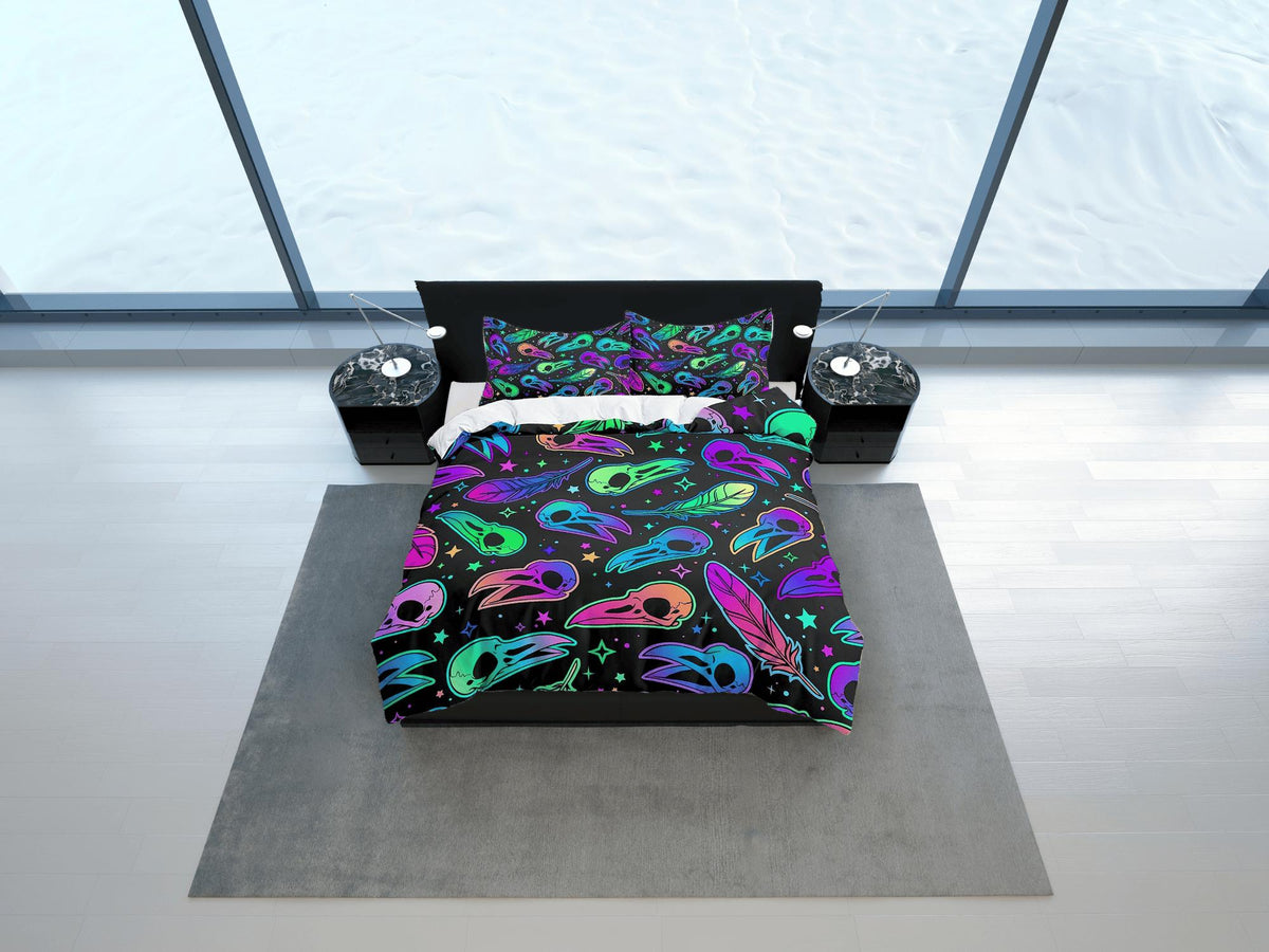 daintyduvet Skull of crow colorful halloween bedding & pillowcase, gothic duvet cover, dorm bedding halloween goth decor toddler bedding, halloween gift
