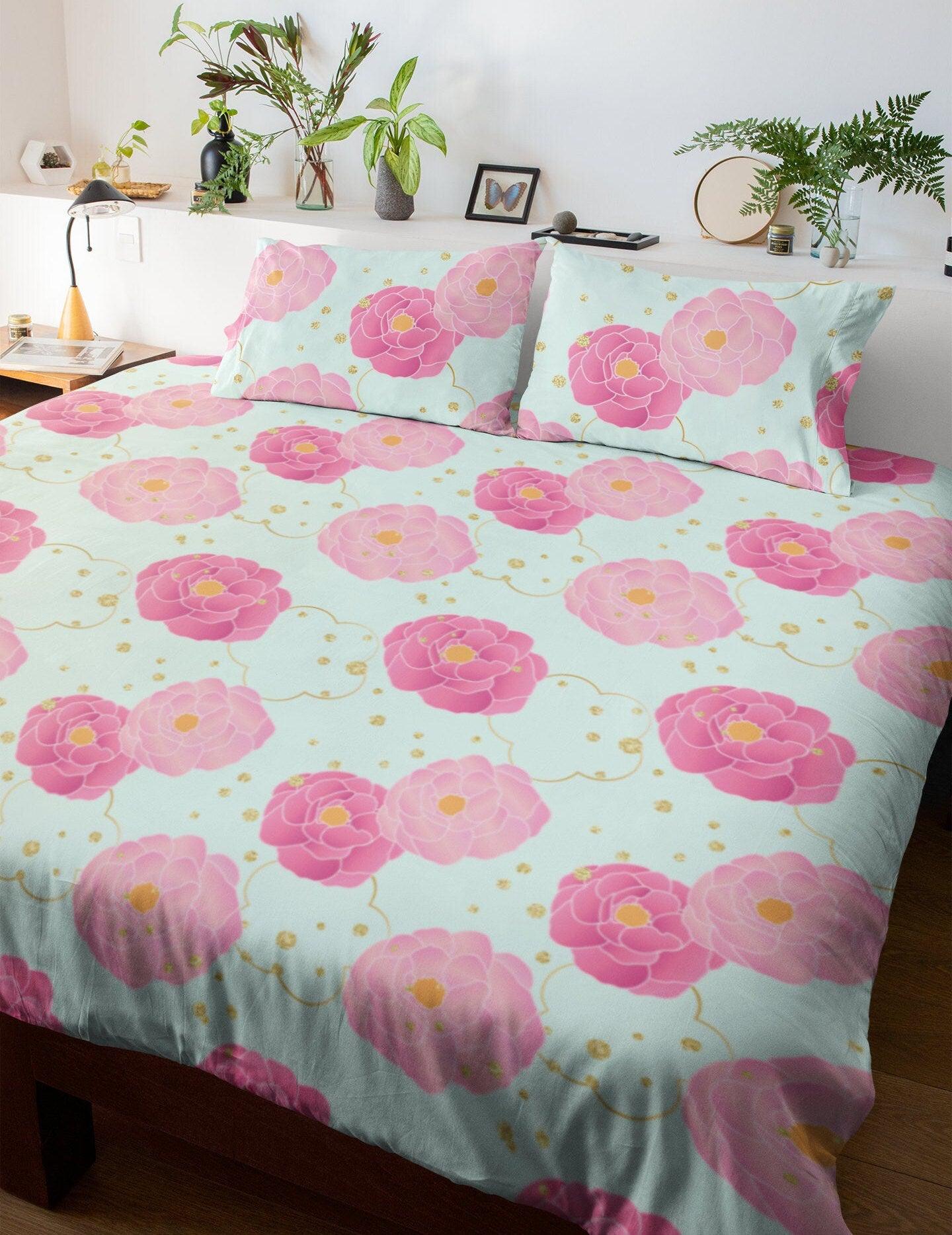 daintyduvet Sky Blue Bedding Set Pink Camellia Flowers, Handmade Colorful Duvet Cover with Pillow Case