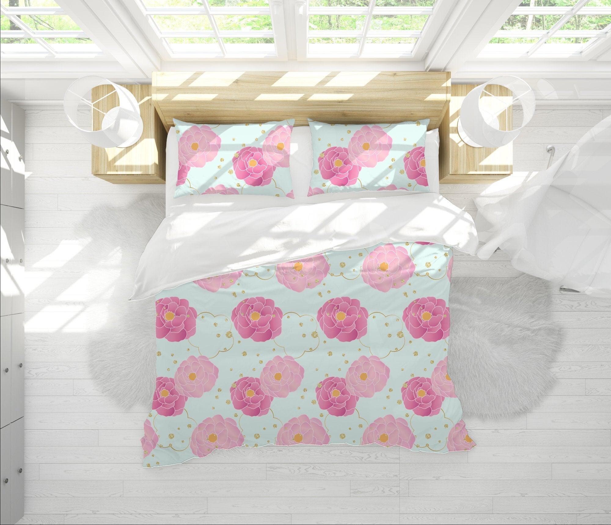 daintyduvet Sky Blue Bedding Set Pink Camellia Flowers, Handmade Colorful Duvet Cover with Pillow Case