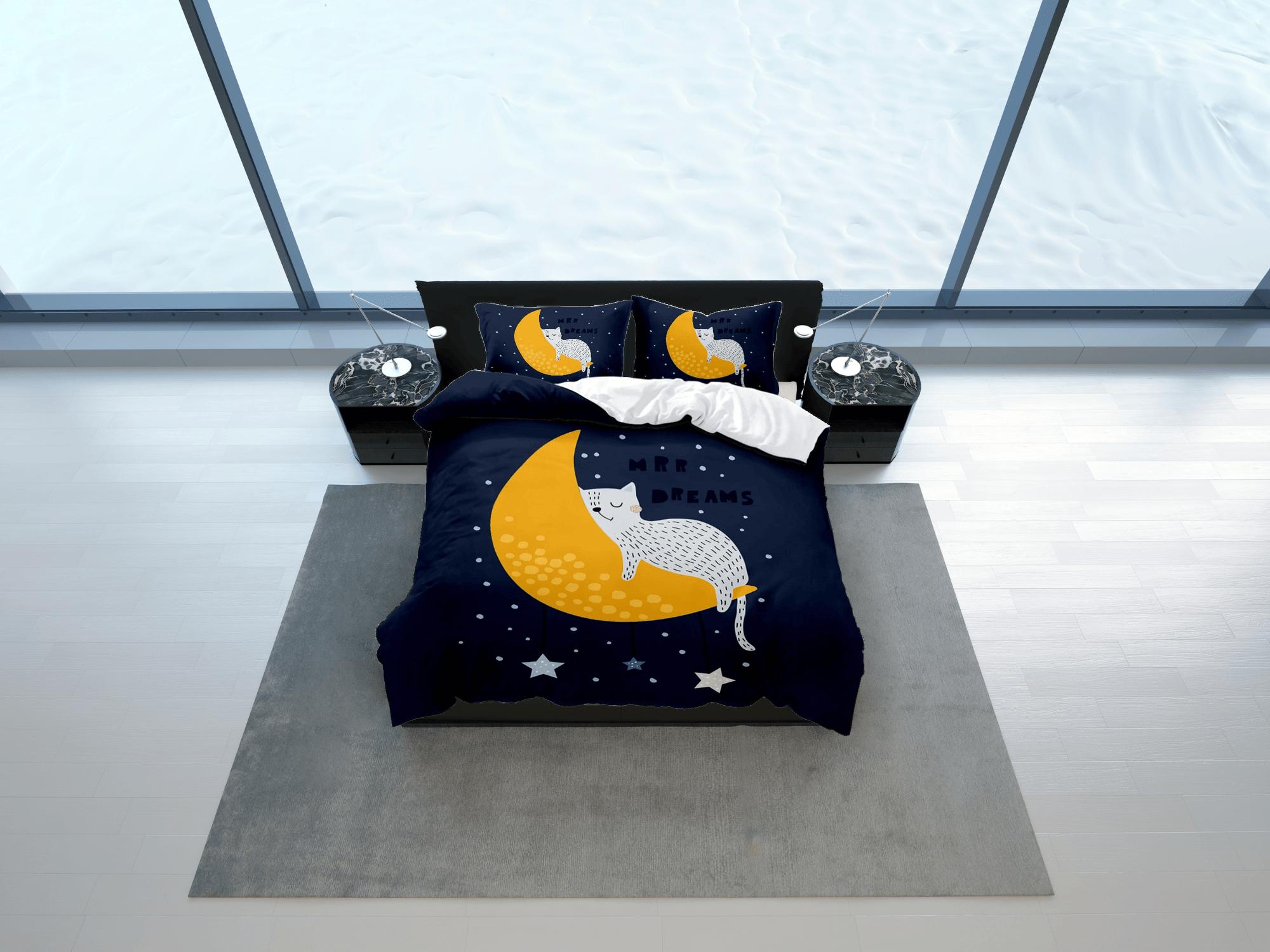 daintyduvet Sleeping cat in crescent moon blue bedding, toddler bedding, kids duvet cover set, gift for cat lovers, baby bedding, baby shower gift