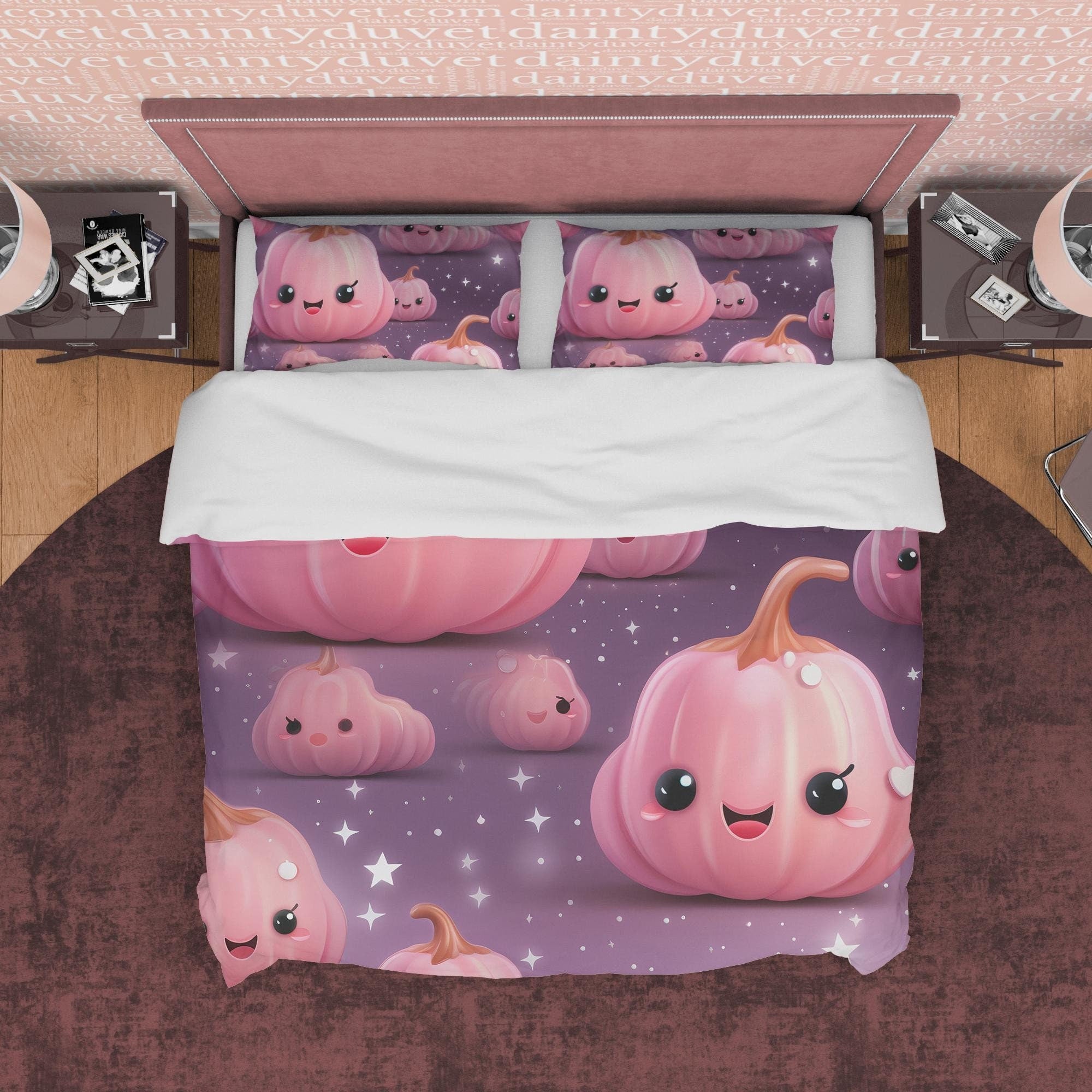 Smiling Pumpkin, Pink Purple Kids Duvet Cover Set, Aesthetic Zipper Bedding, Halloween Room Decor, US, UK, European, Australian Bed Size