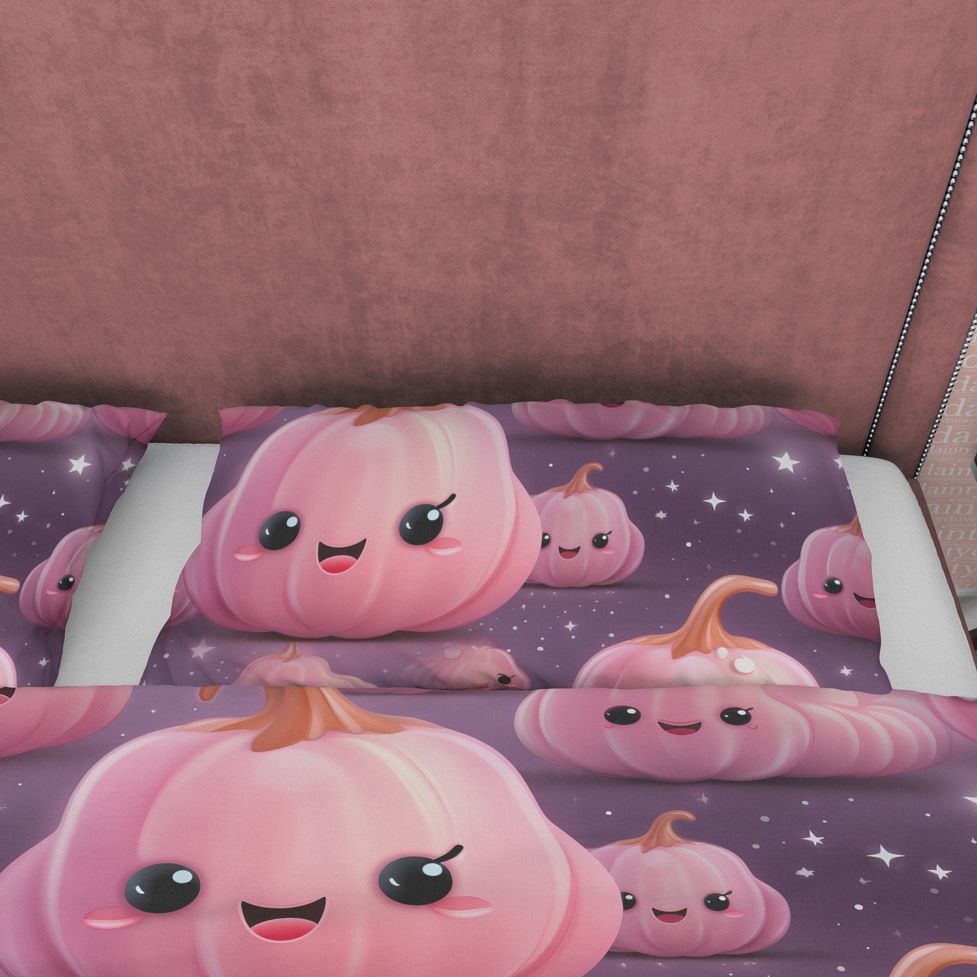Smiling Pumpkin, Pink Purple Kids Duvet Cover Set, Aesthetic Zipper Bedding, Halloween Room Decor, US, UK, European, Australian Bed Size