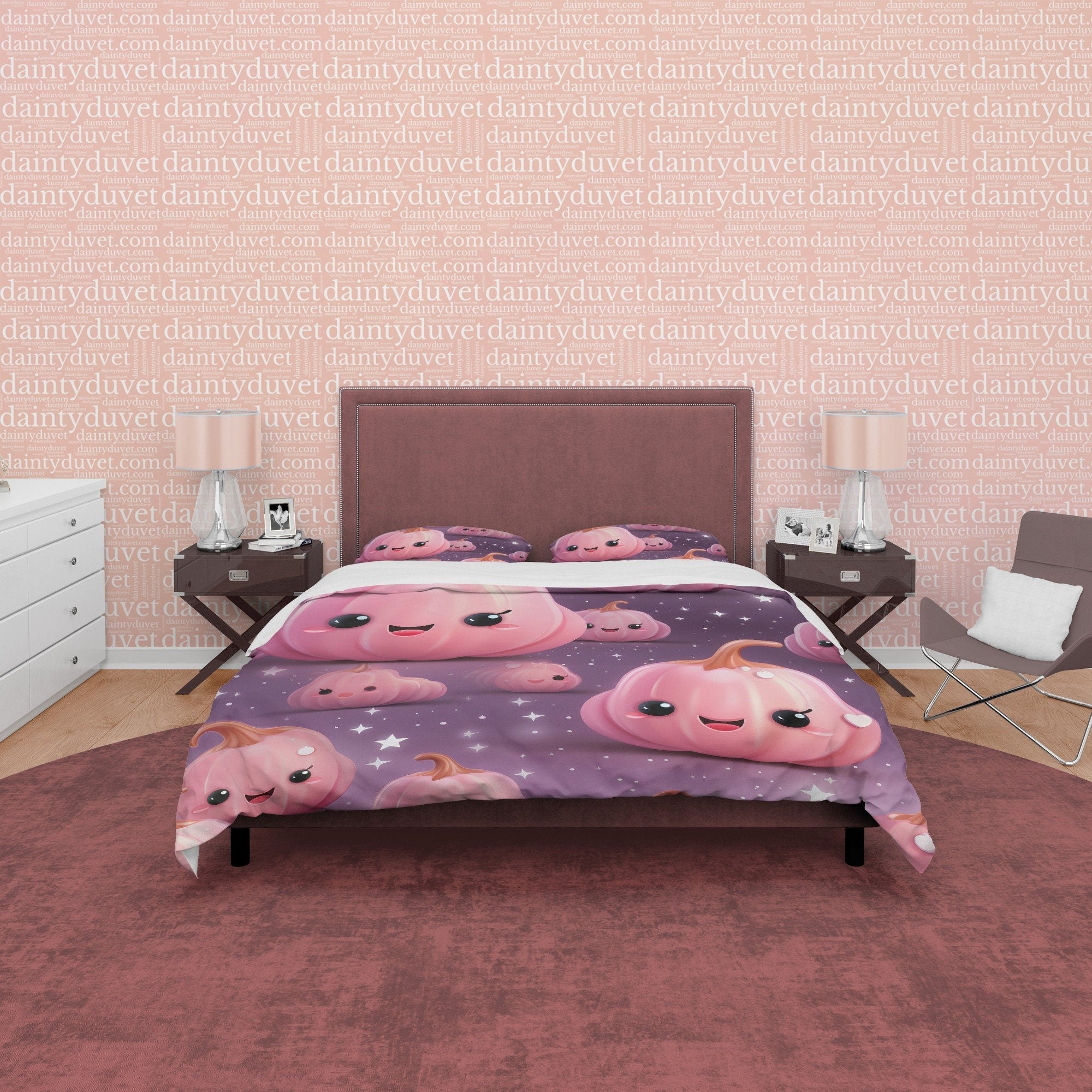 Smiling Pumpkin, Pink Purple Kids Duvet Cover Set, Aesthetic Zipper Bedding, Halloween Room Decor, US, UK, European, Australian Bed Size