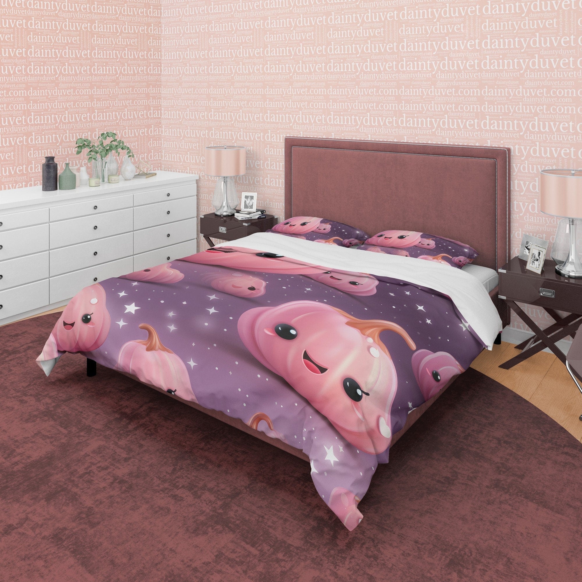 Smiling Pumpkin, Pink Purple Kids Duvet Cover Set, Aesthetic Zipper Bedding, Halloween Room Decor, US, UK, European, Australian Bed Size