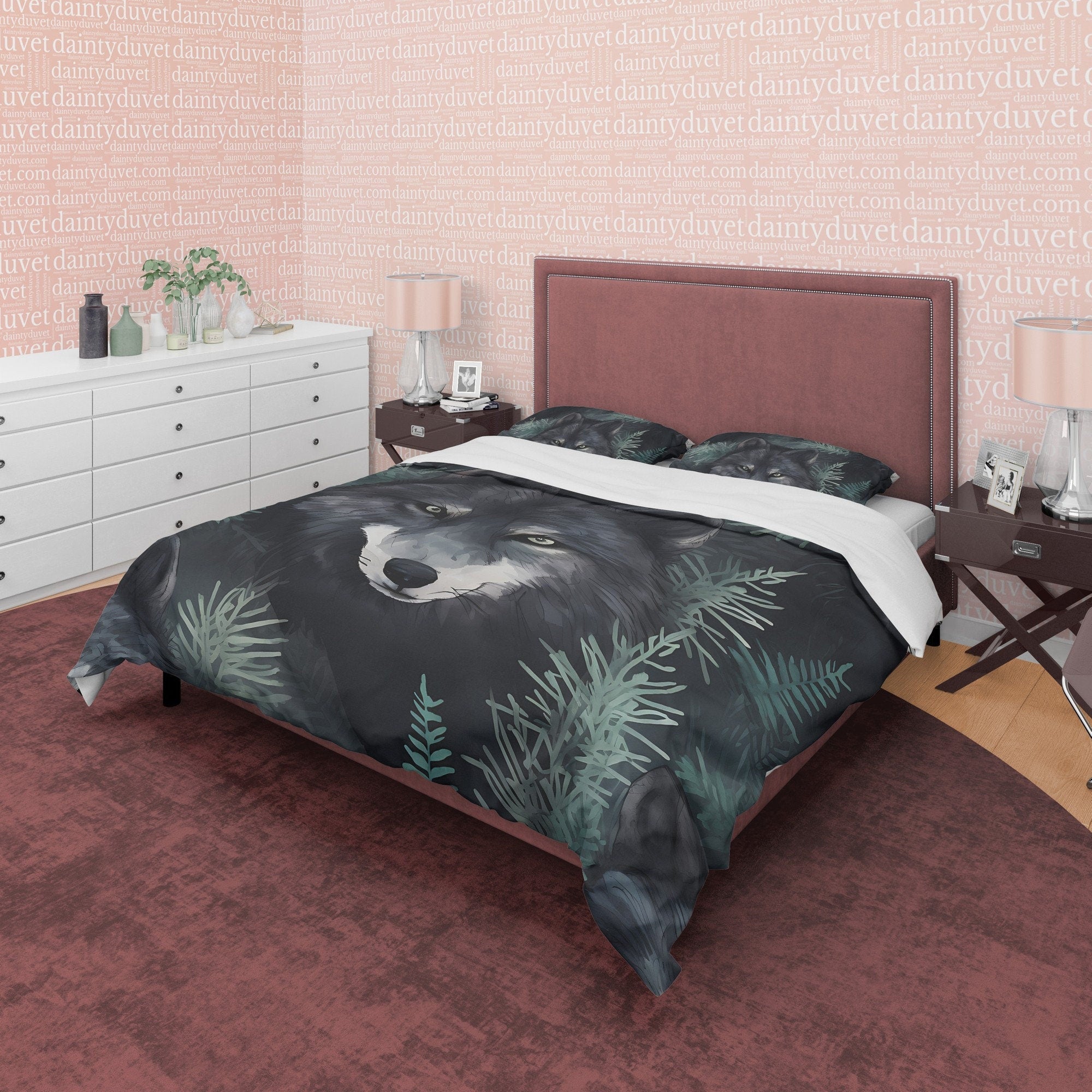 Sneaking Wolf Duvet Cover Set, Halloween Gray Room Decor Aesthetic Zipper Bedding, Fierce Animal Blanket Cover, Scary Forest Bed Cover