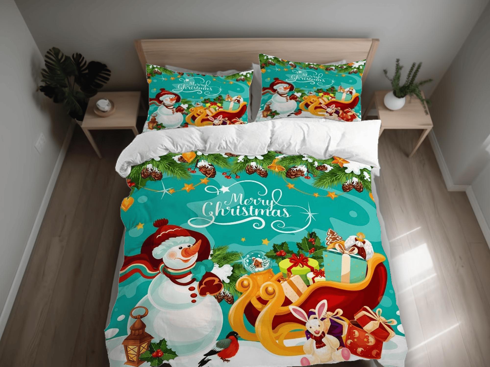 daintyduvet Snowman Merry Christmas aquamarine bedding set holiday gift duvet cover king queen full twin toddler bedding baby Christmas farmhouse decor