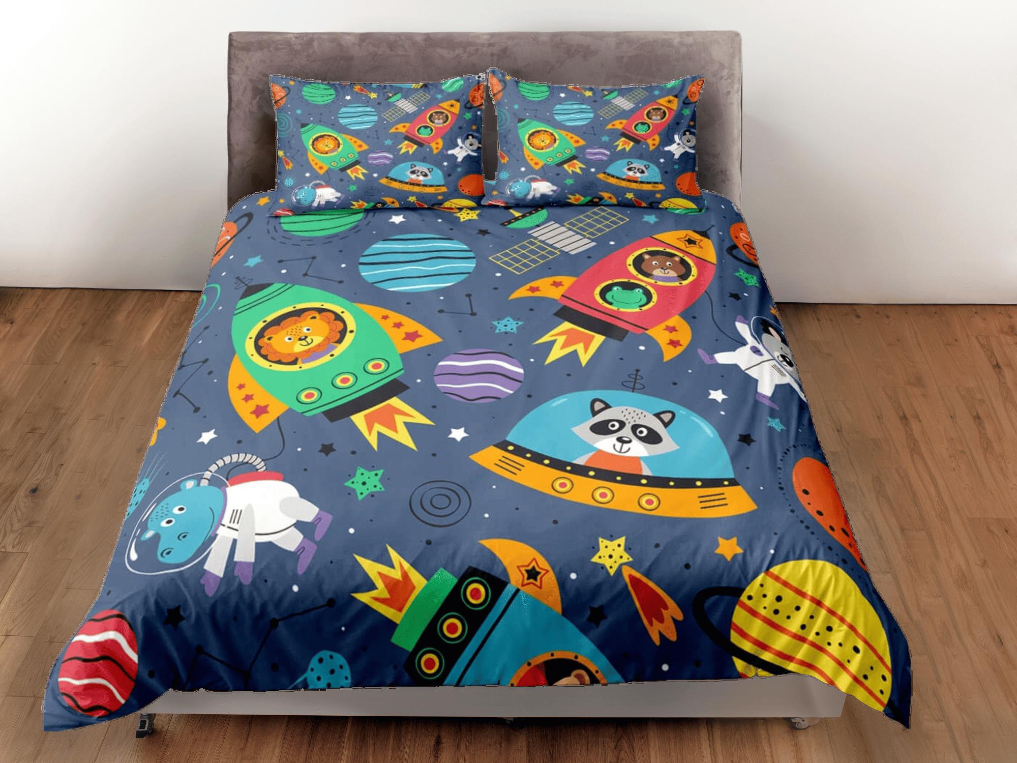 daintyduvet Space safari animals duvet cover set kids, galaxy bedding set full, king, queen, astronomy science dorm bedding, toddler bedding aesthetic