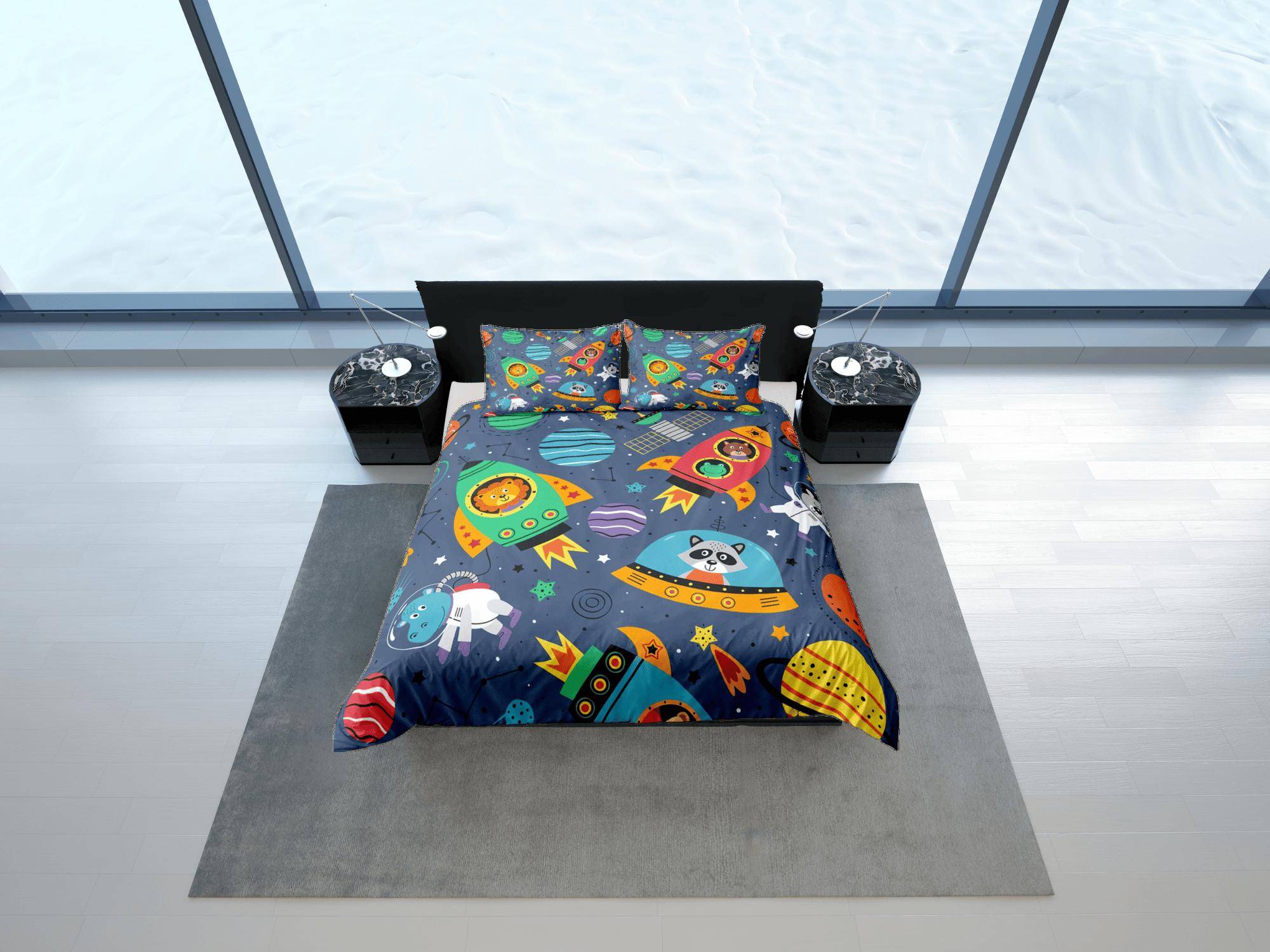 daintyduvet Space safari animals duvet cover set kids, galaxy bedding set full, king, queen, astronomy science dorm bedding, toddler bedding aesthetic