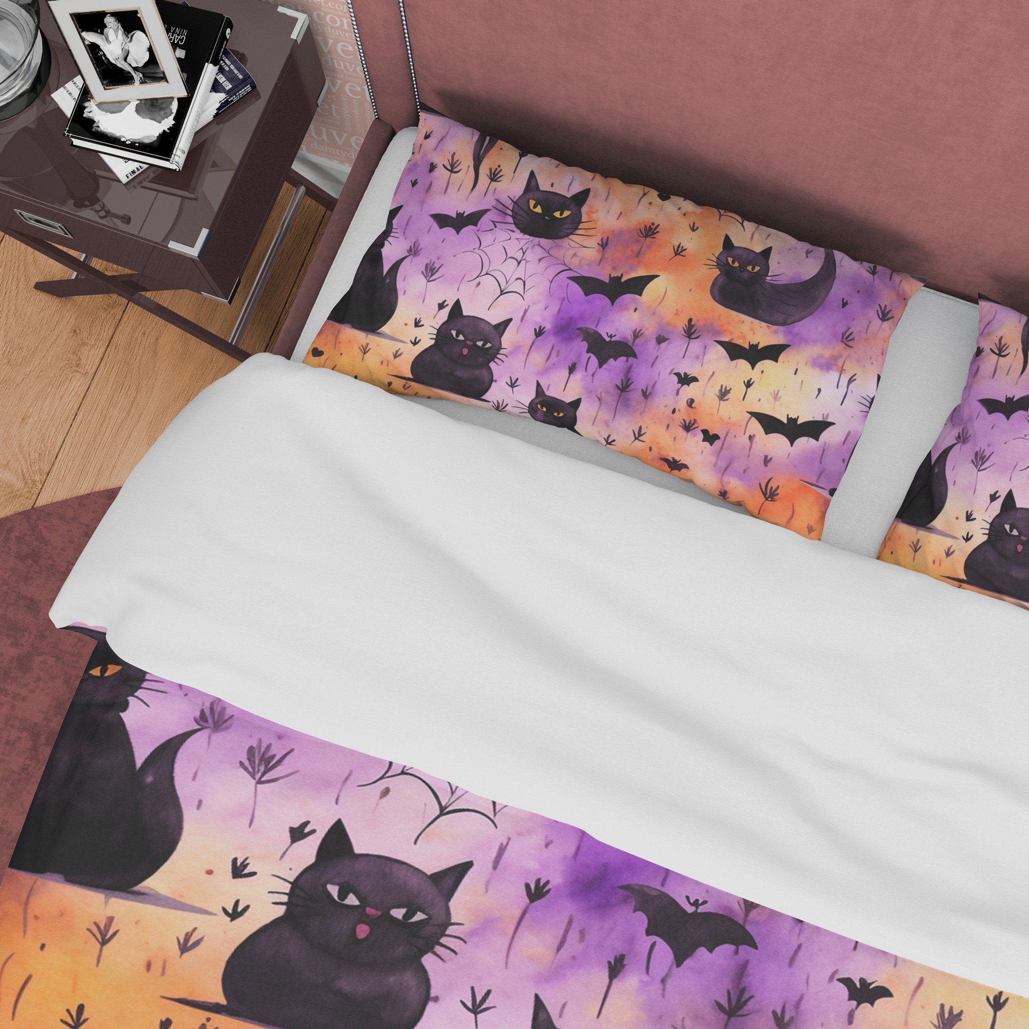 Spooky Black Cat Halloween Duvet Cover, Purple, Orange, Aesthetic Zipper Bedding, Witchy Room Decor, US, UK, European, Australian Bed Size