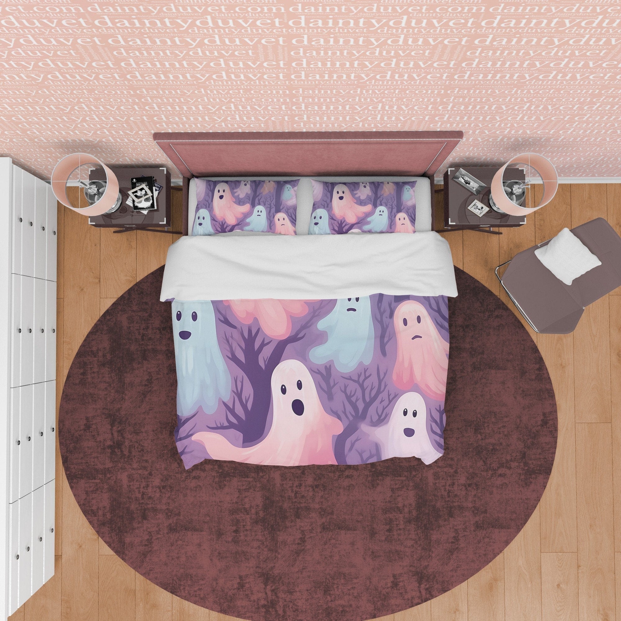 Spooky Pink and Blue Ghosts, Purple Duvet Cover Set, Aesthetic Bedding, Halloween Room Decor, US, UK, European, Australian Bed Size