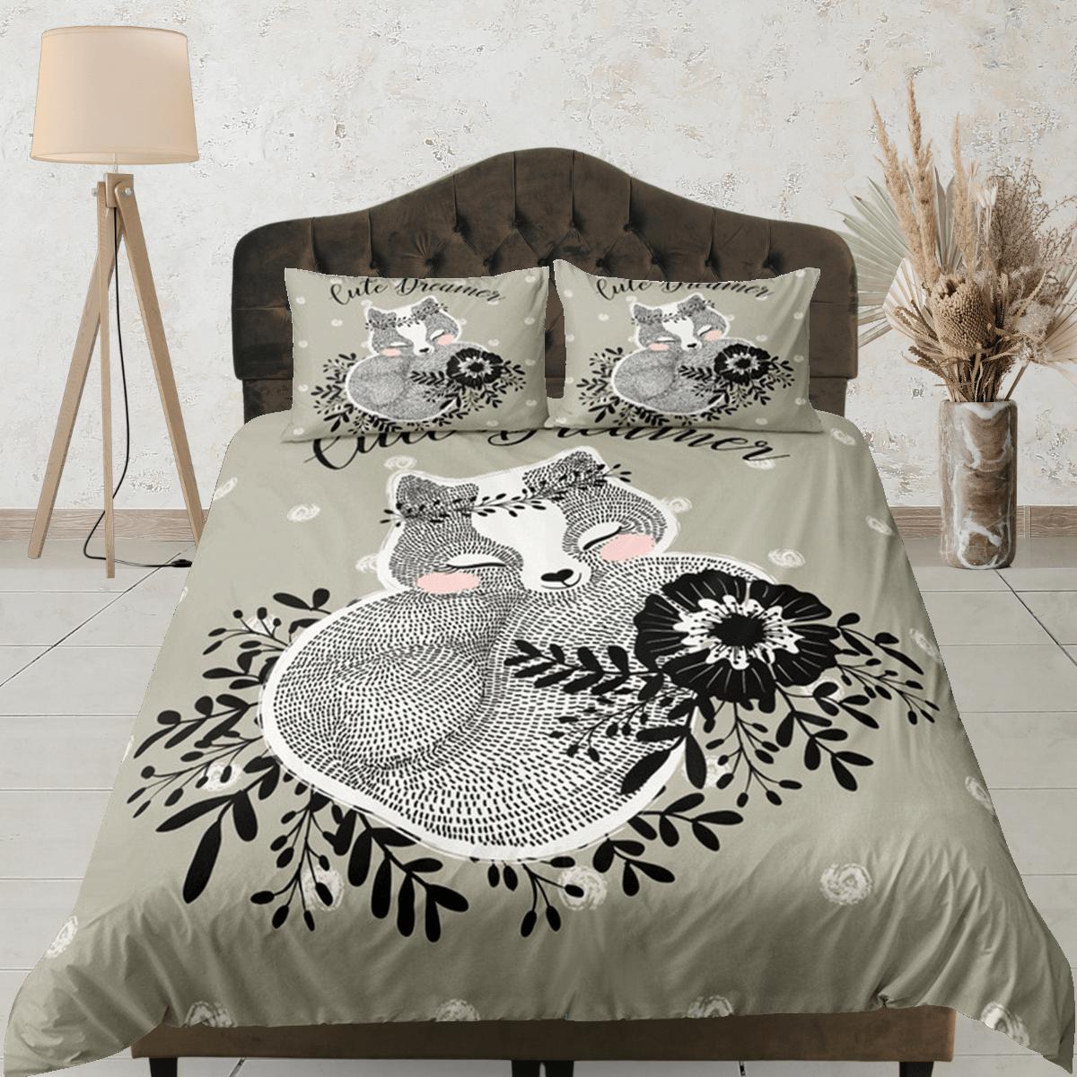 daintyduvet Squirrel Duvet Cover Set Cute Bedspread, Ash Green Dorm Bedding with Pillowcase