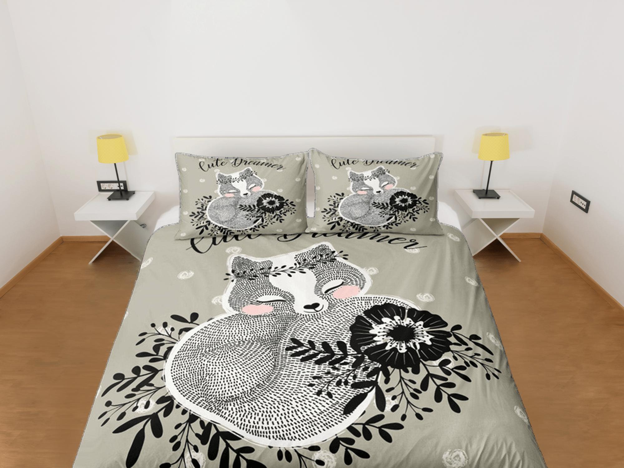 daintyduvet Squirrel Duvet Cover Set Cute Bedspread, Ash Green Dorm Bedding with Pillowcase