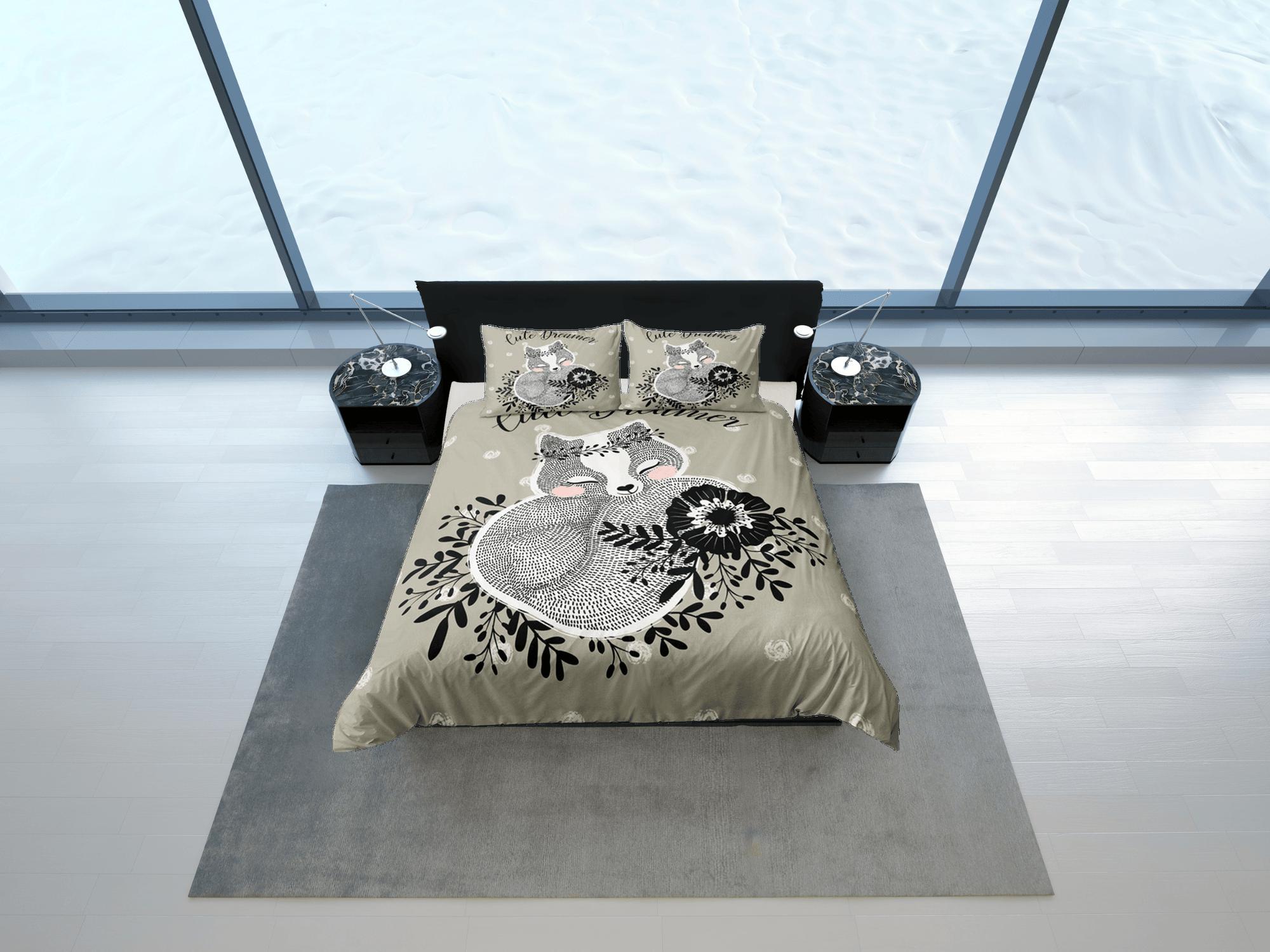 daintyduvet Squirrel Duvet Cover Set Cute Bedspread, Ash Green Dorm Bedding with Pillowcase