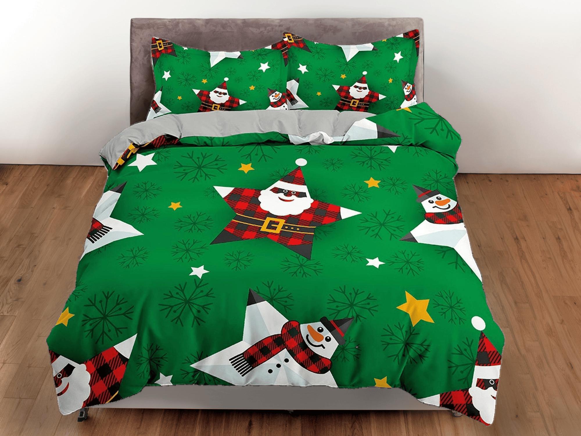 daintyduvet Star snowman and santa claus green duvet cover set, christmas full size bedding & pillowcase, college bedding, crib bedding, holiday gift