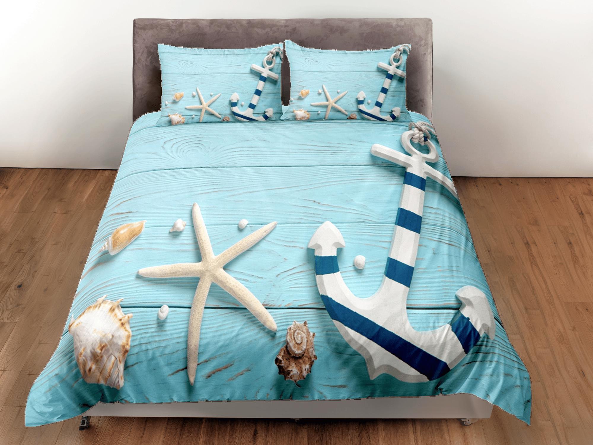 daintyduvet Starfish & anchor coastal grandma blue duvet cover nautical bedding set full queen king, aesthetic beach room decor, ocean lover gift seaman