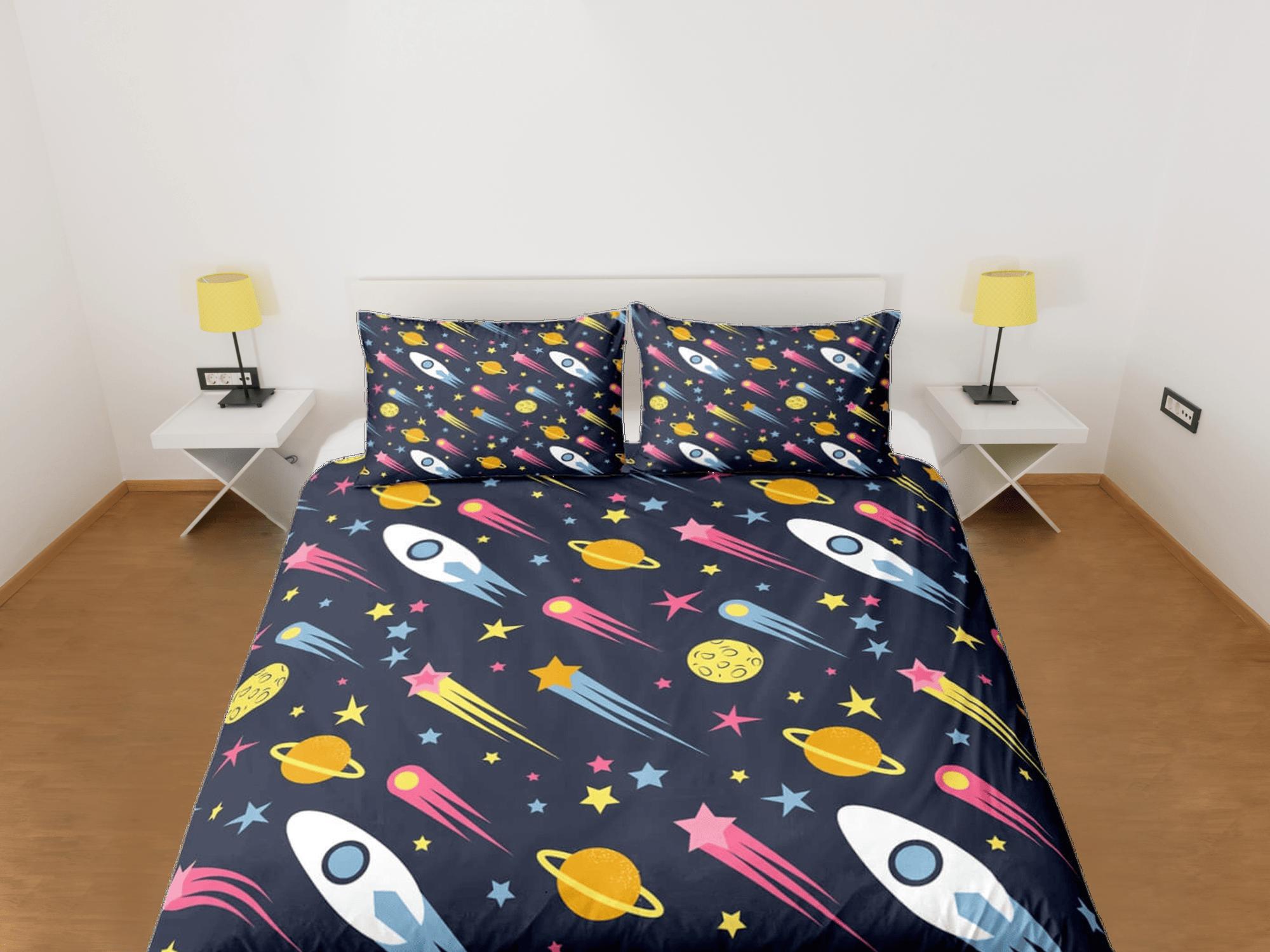 daintyduvet Stars and spaceships duvet cover set kids, galaxy bedding set full, king, queen, astronomy science dorm bedding, toddler bedding aesthetic