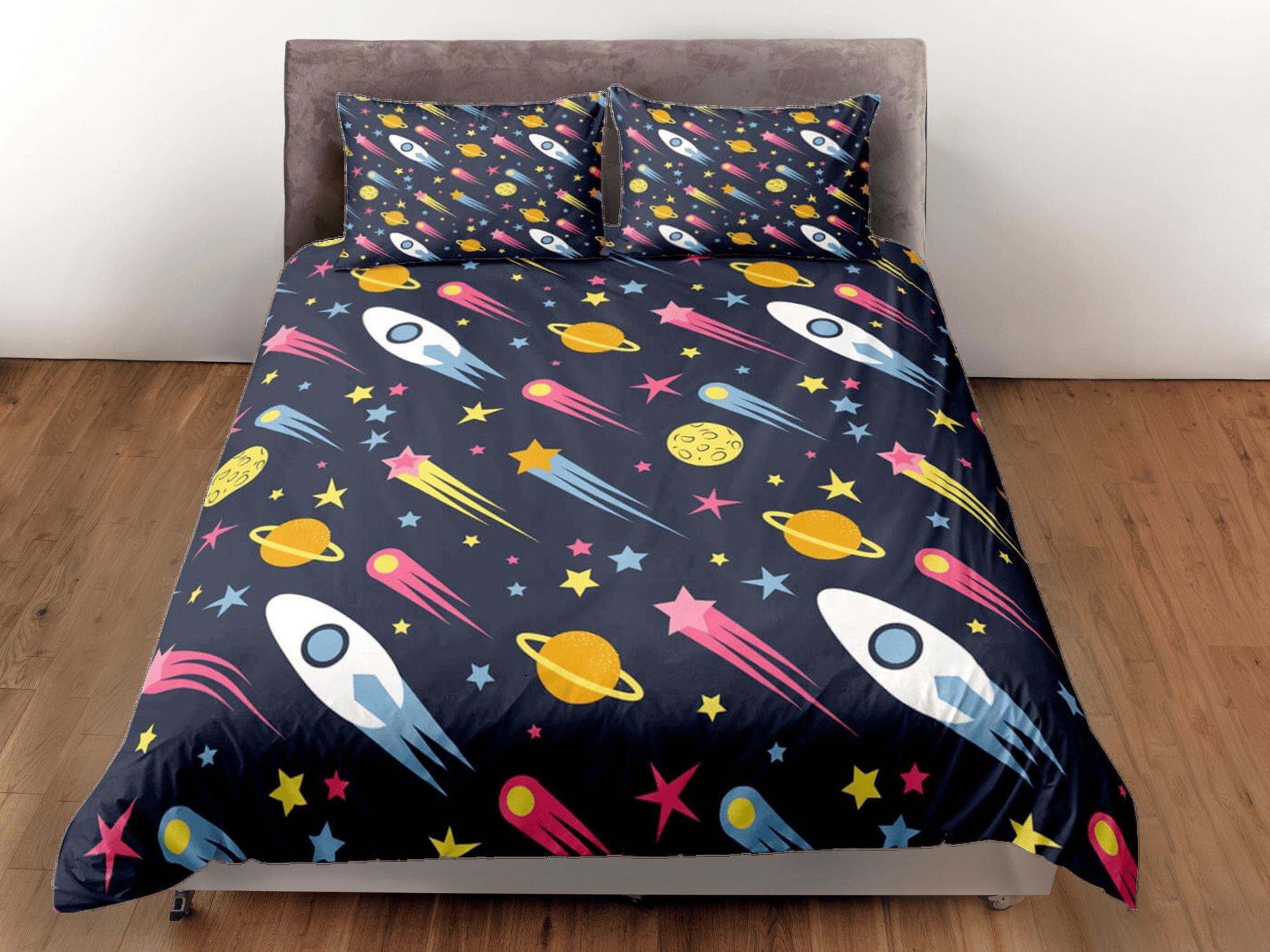 daintyduvet Stars and spaceships duvet cover set kids, galaxy bedding set full, king, queen, astronomy science dorm bedding, toddler bedding aesthetic