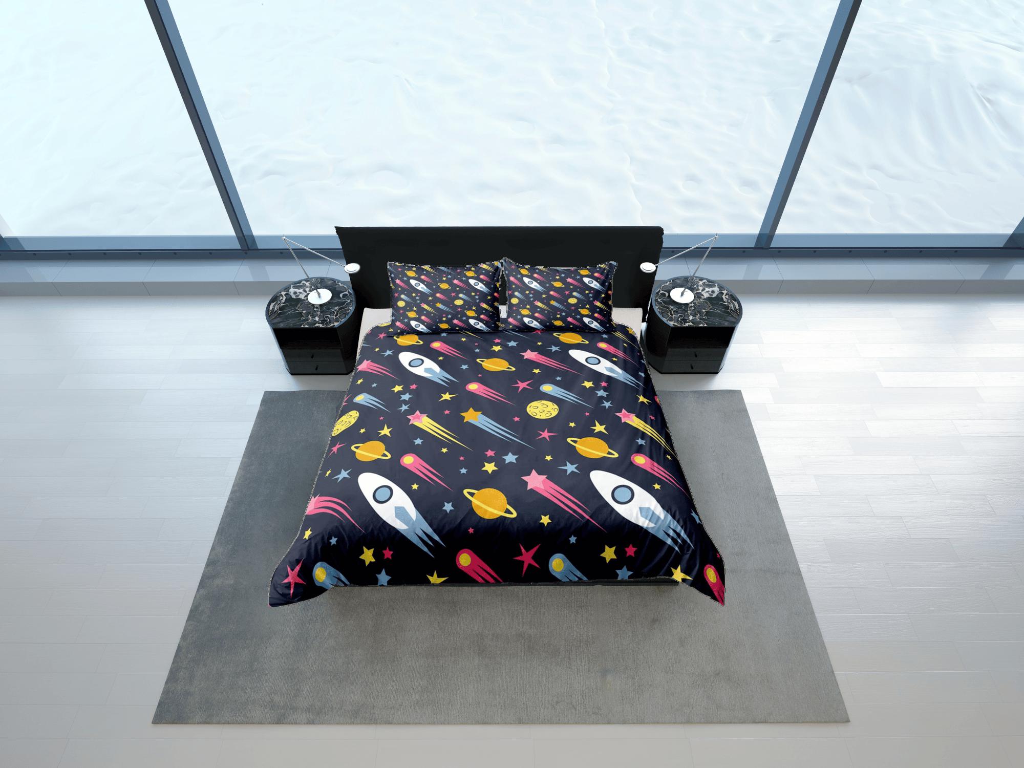 daintyduvet Stars and spaceships duvet cover set kids, galaxy bedding set full, king, queen, astronomy science dorm bedding, toddler bedding aesthetic