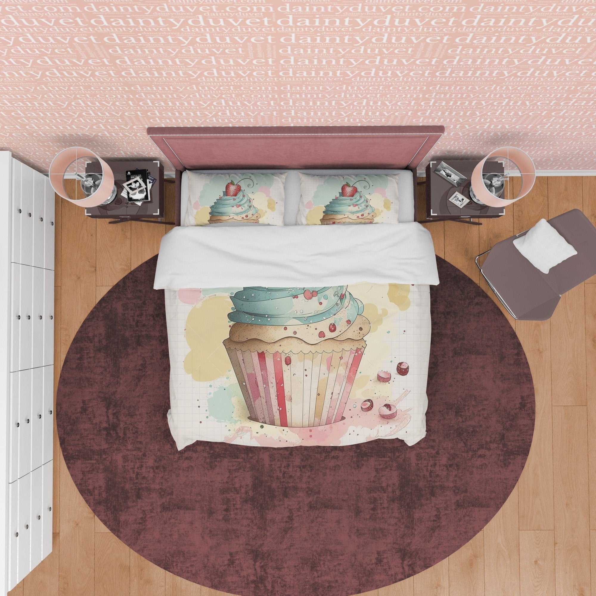 Strawberry Cupcake Duvet Cover Boho Bedroom Set, Watercolor Girly Bedspread, Cute Quilt Cover, Baby Girl Crib Bedding Set, Pastel Color