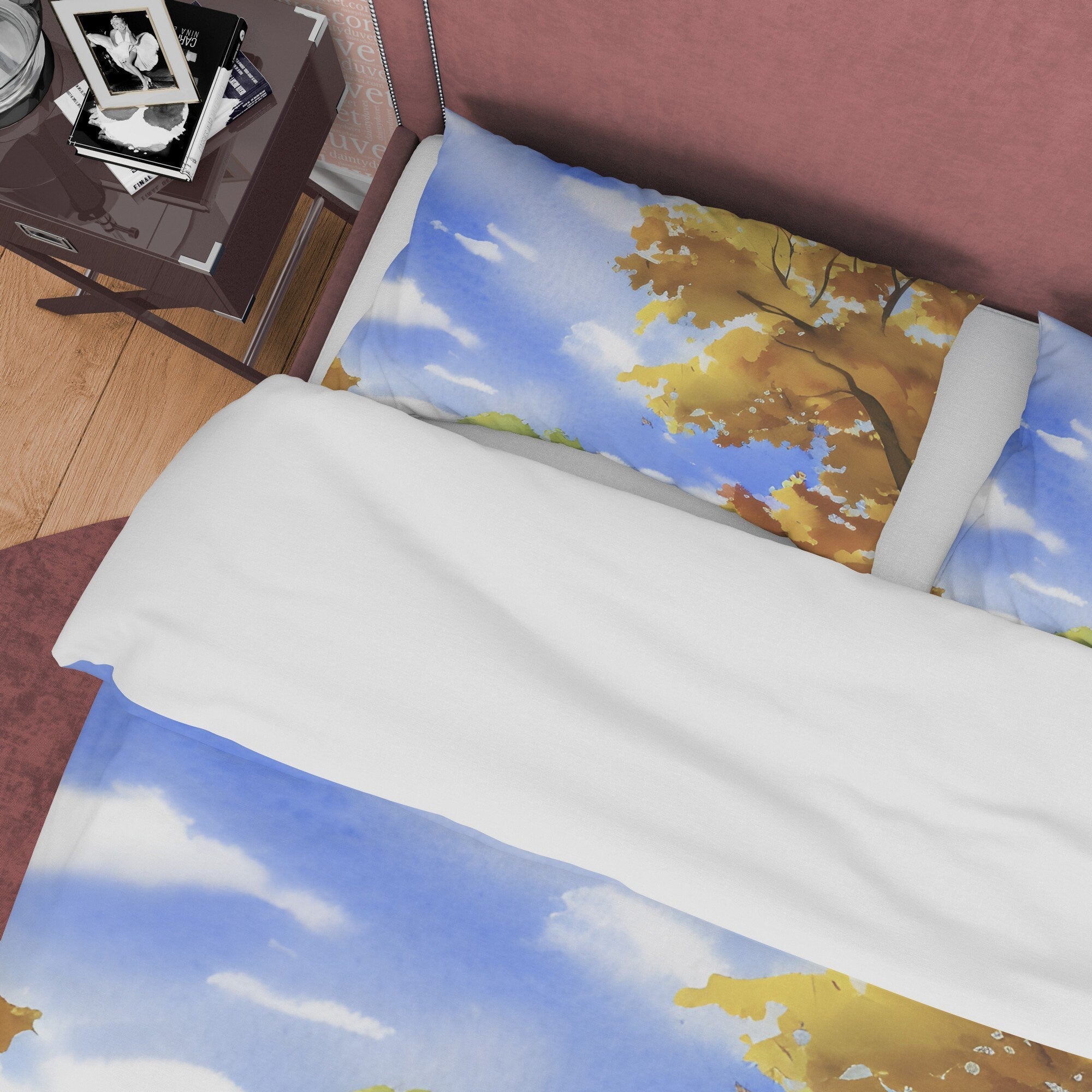 Sunny Weather Fall Season Duvet Cover Autumn Bedding Set, Warm Autumn Colors Printed Quilt Cover, Foliage Bedspread