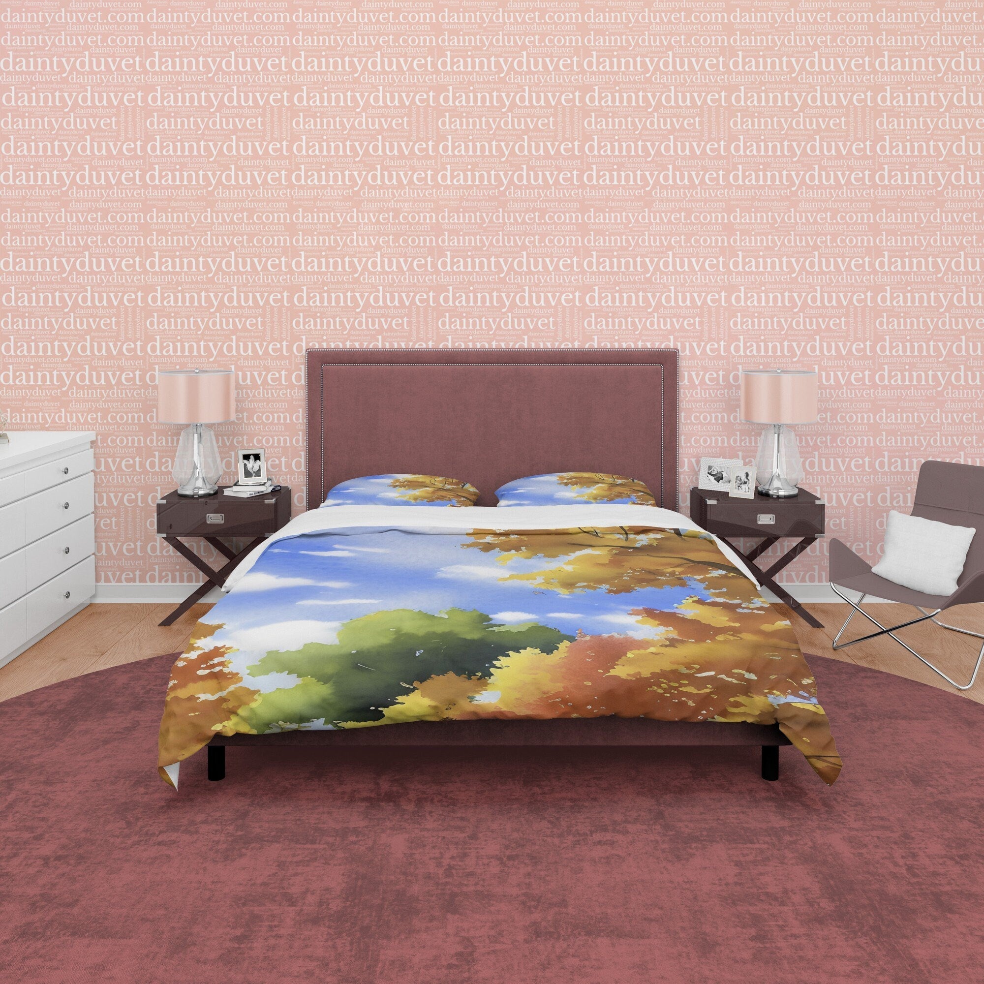 Sunny Weather Fall Season Duvet Cover Autumn Bedding Set, Warm Autumn Colors Printed Quilt Cover, Foliage Bedspread