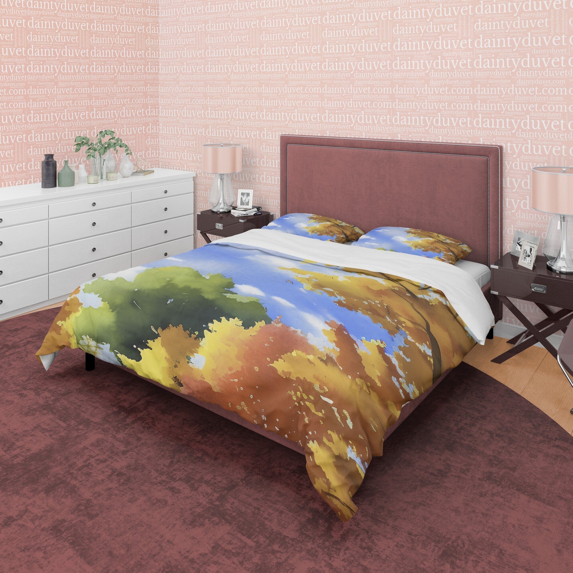 Sunny Weather Fall Season Duvet Cover Autumn Bedding Set, Warm Autumn Colors Printed Quilt Cover, Foliage Bedspread