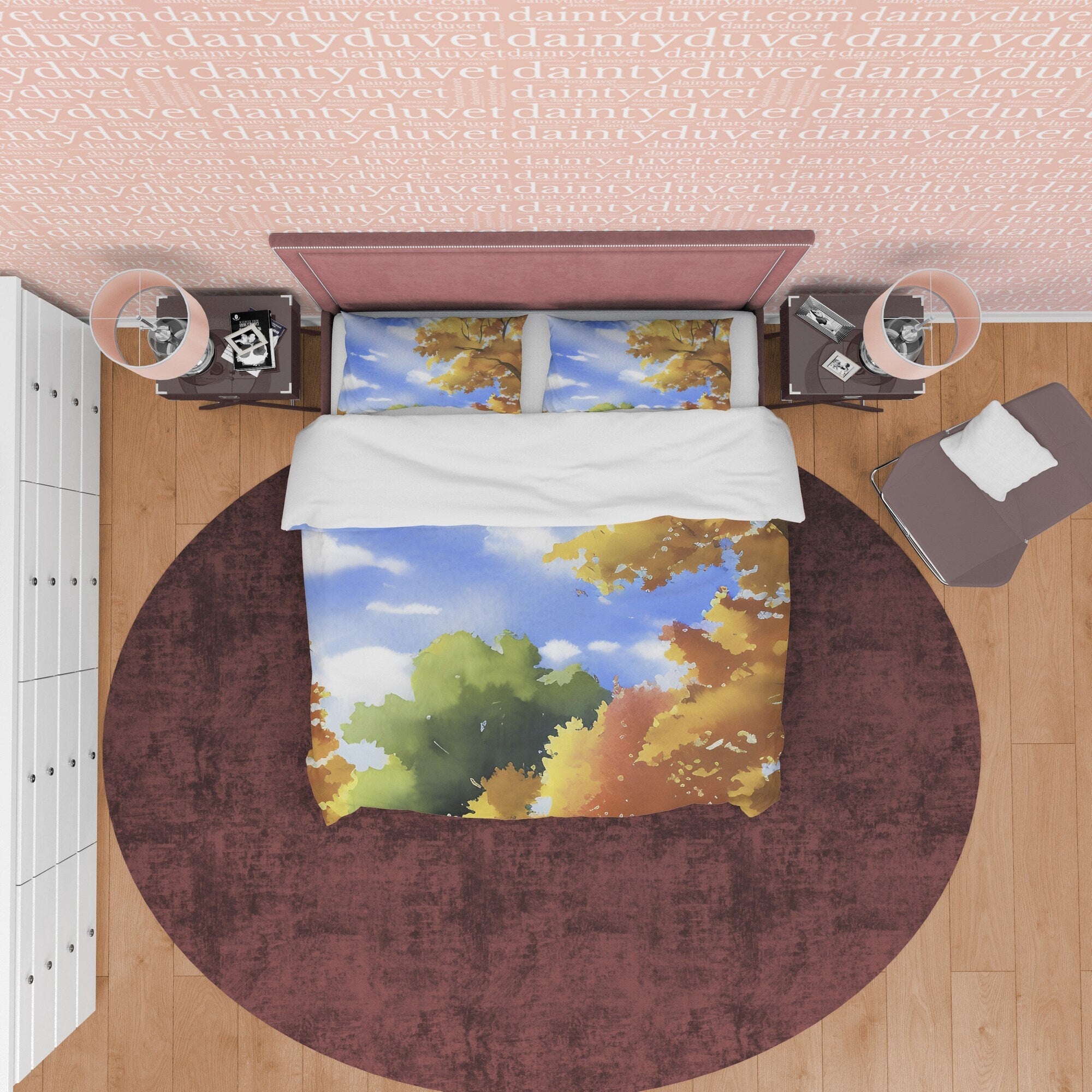 Sunny Weather Fall Season Duvet Cover Autumn Bedding Set, Warm Autumn Colors Printed Quilt Cover, Foliage Bedspread