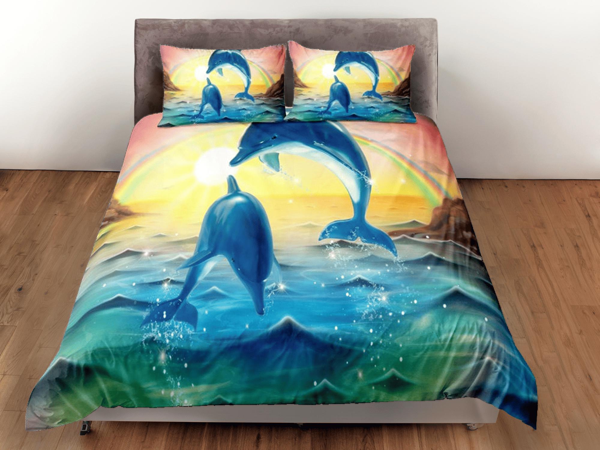 daintyduvet Sunset dolphins bedding tropical duvet cover, ocean blush decor bottle nose dolphin bedding set full king queen twin, dorm bedding gift