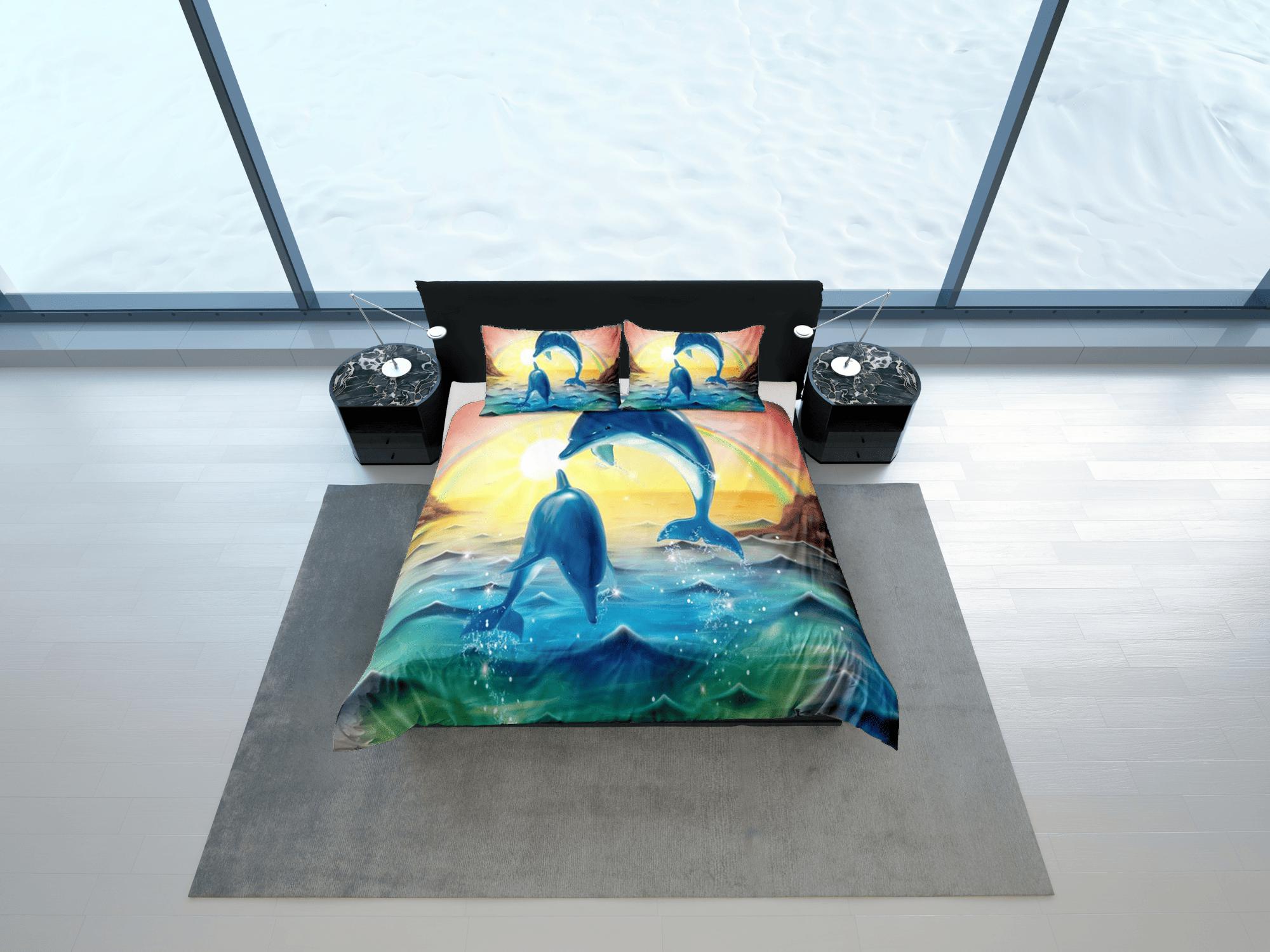 daintyduvet Sunset dolphins bedding tropical duvet cover, ocean blush decor bottle nose dolphin bedding set full king queen twin, dorm bedding gift