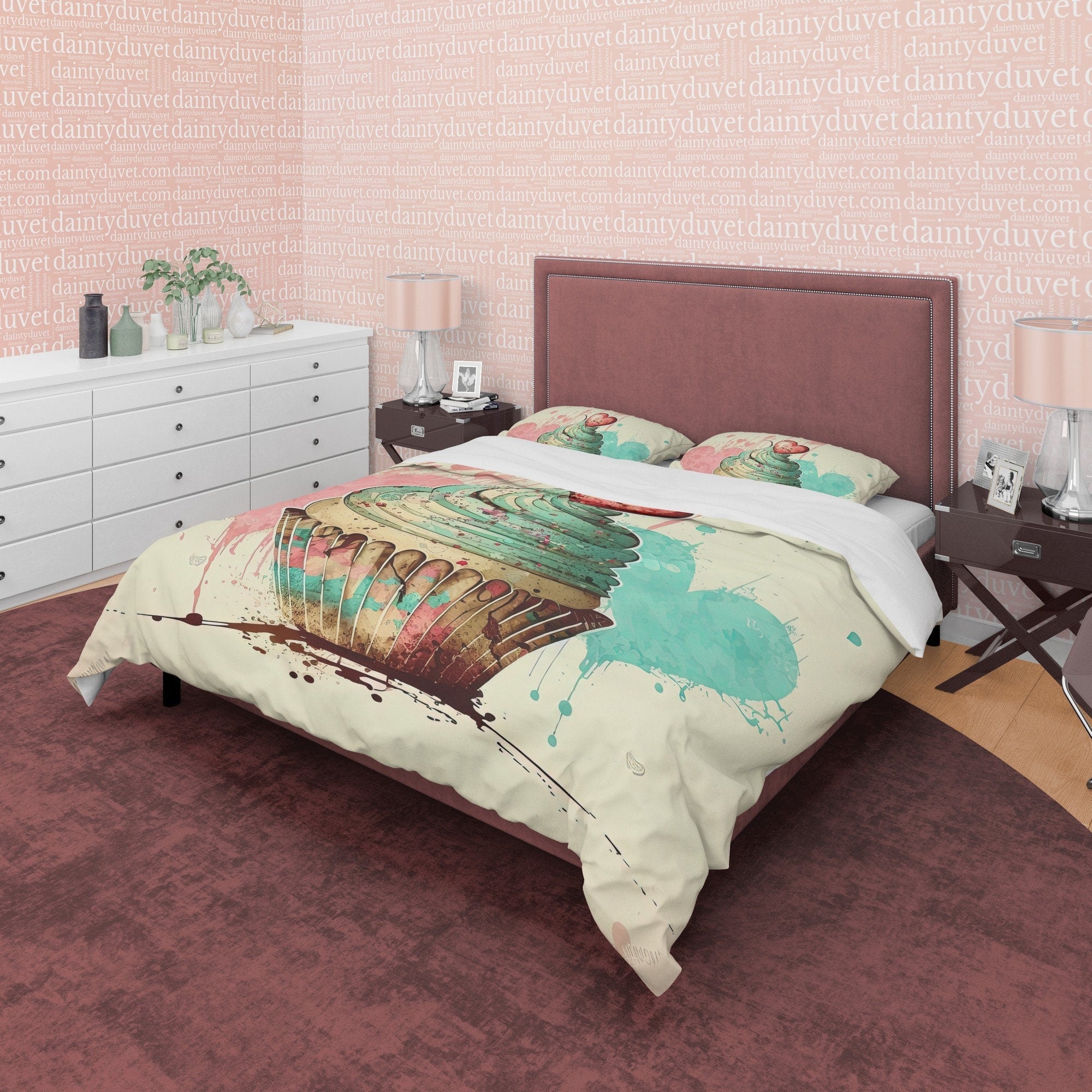 Sweet Cupcake Duvet Cover Boho Bedroom Set, Cute Quilt Cover Girly Bedspread, Dorm Bedding, Baby Girl Crib Set, Pastel Color Blanket Cover