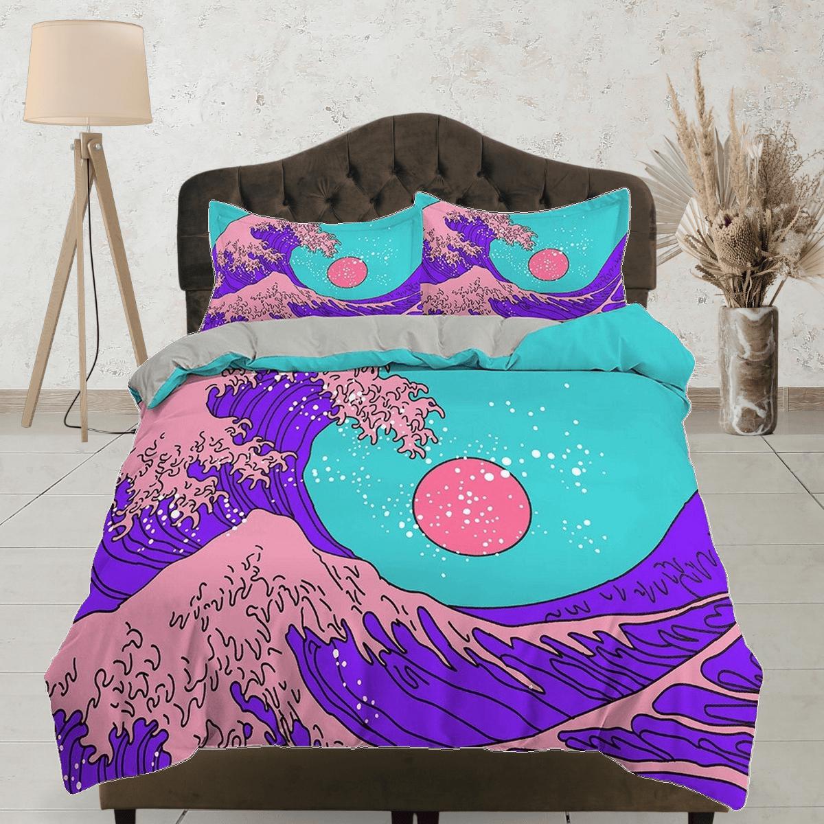 daintyduvet The Great Wave Bedding, Vaporwave Hippie Bedding, Japanese Duvet Cover Set, Aesthetic Cyan Duvet Cover King Queen Full Twin Double Single